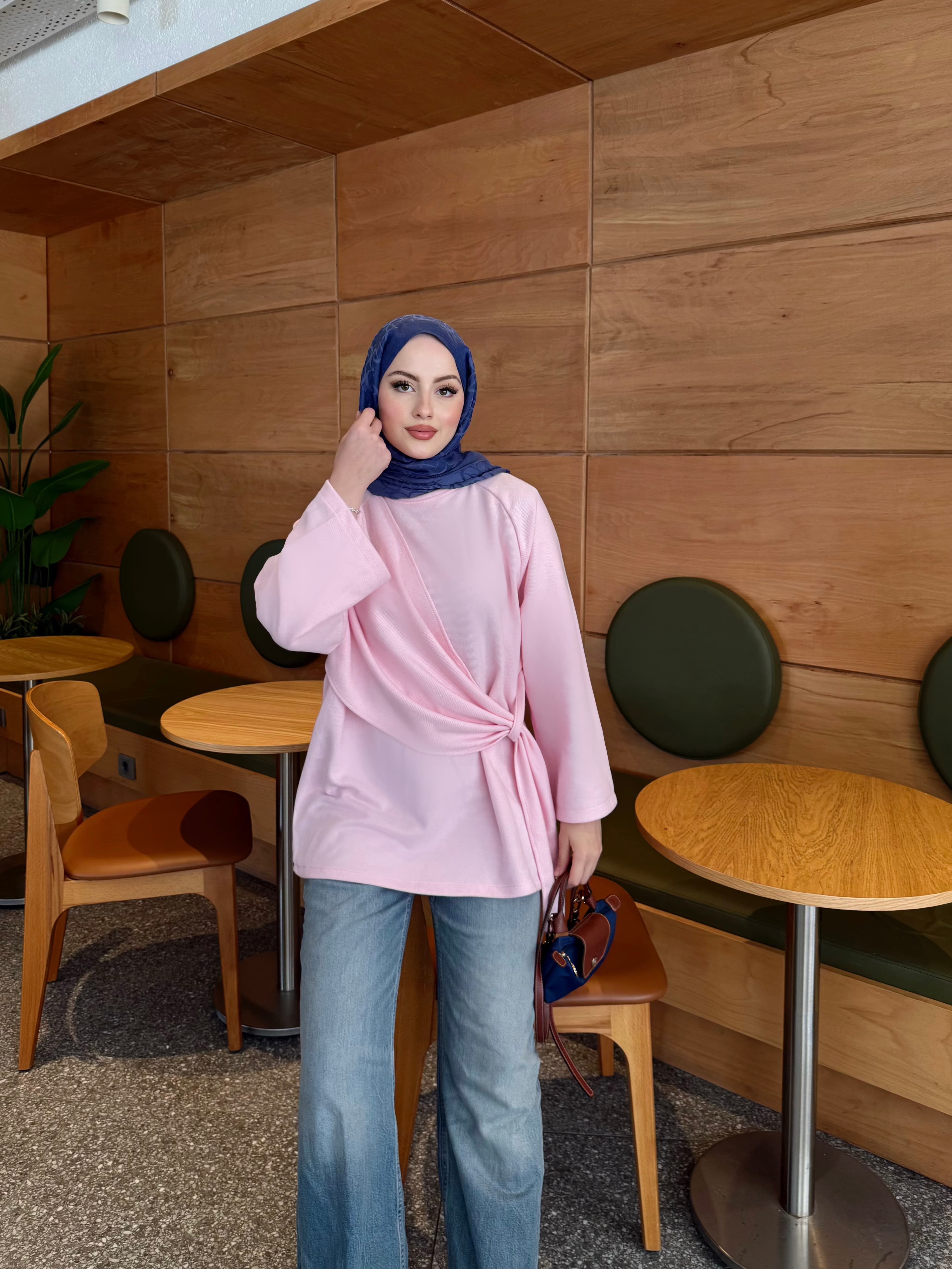 Yan Şal Detaylı Triko - Pembe