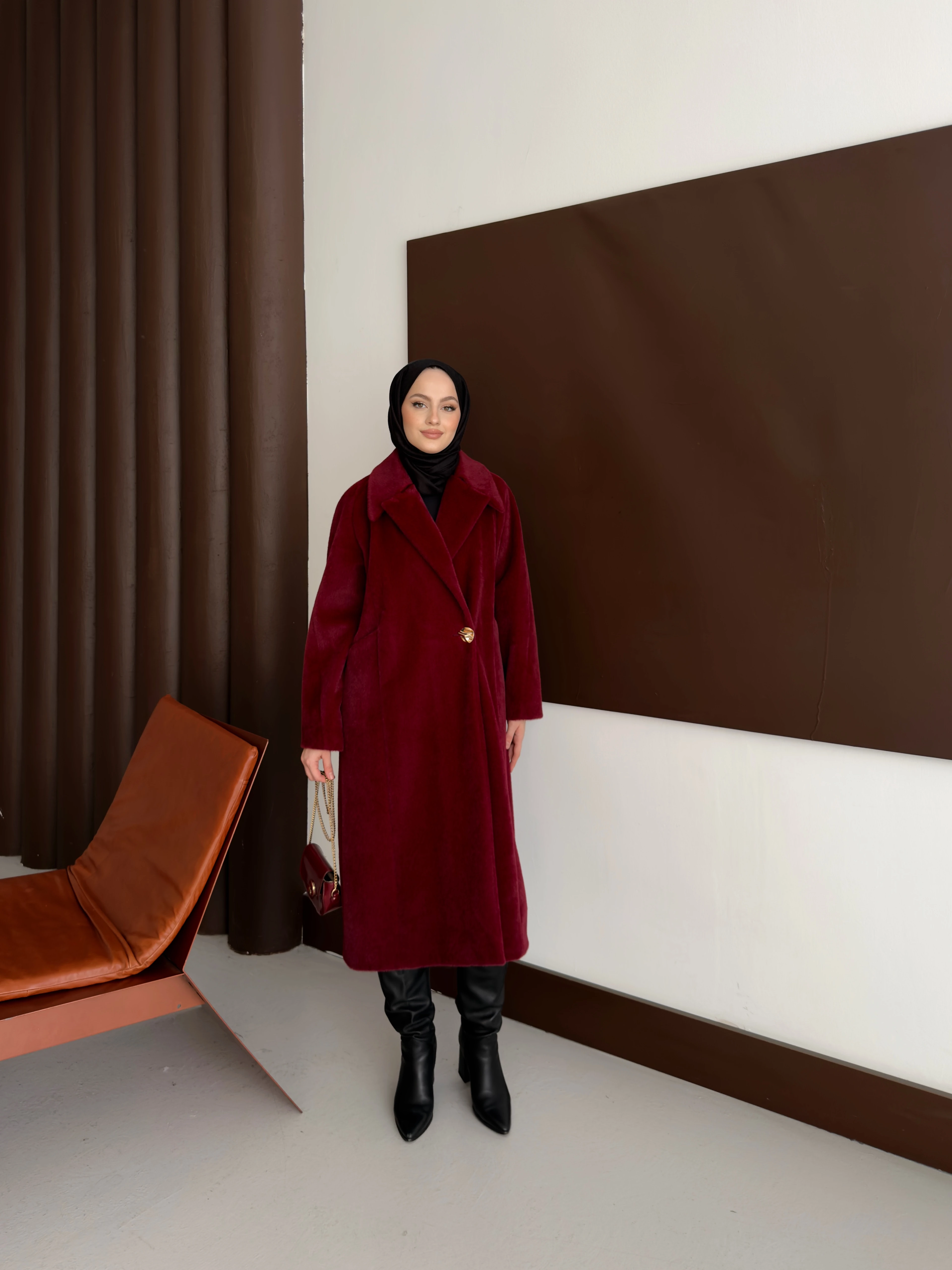 Kruvaze Yaka Tay Tüyü Kaban - Bordo