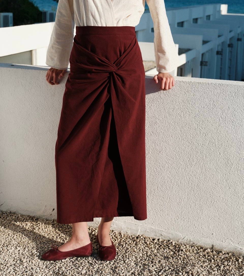 Keten Büzgülü Etek - Bordo