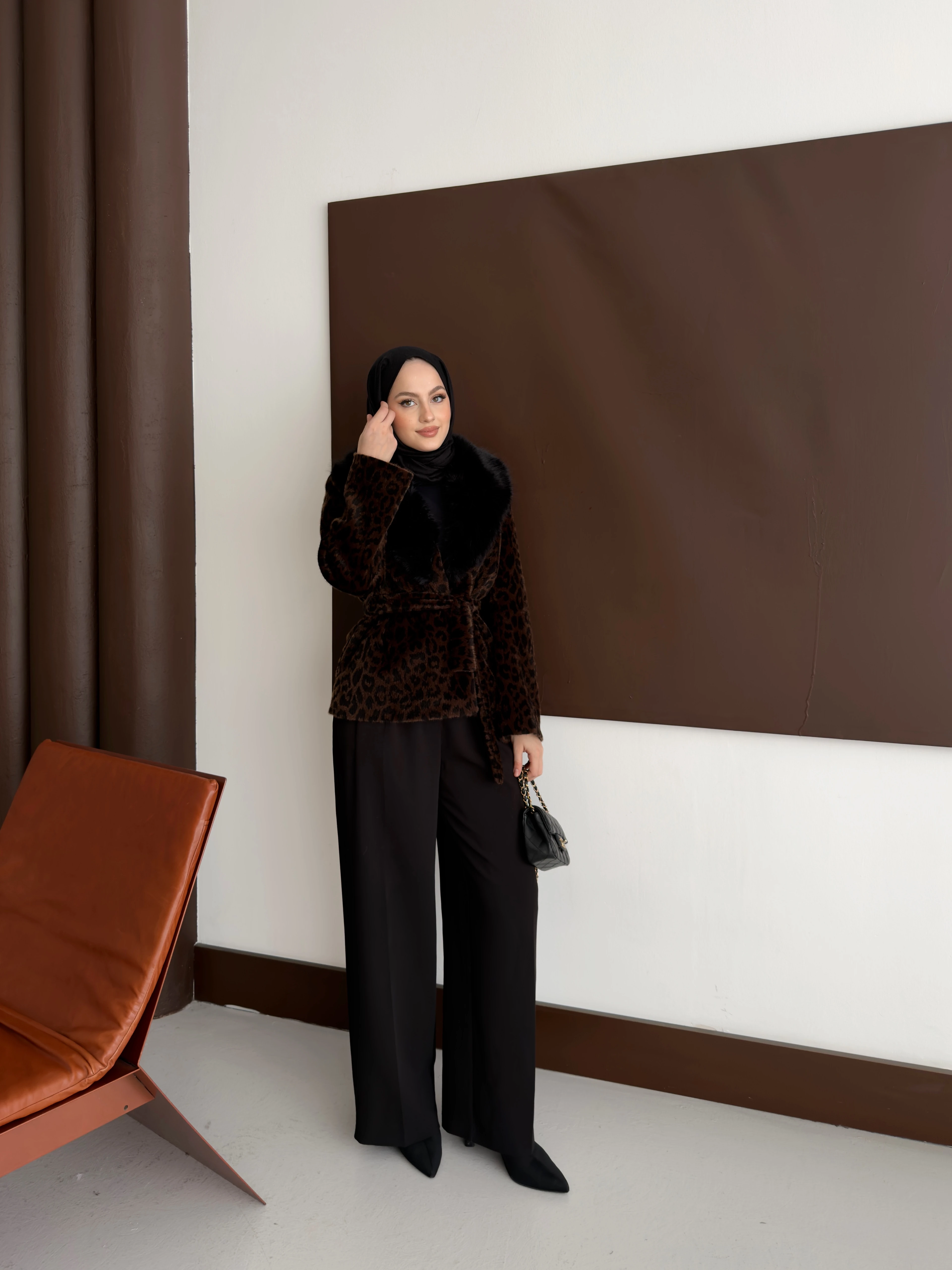 Premium Kürk Detaylı Leopar Ceket