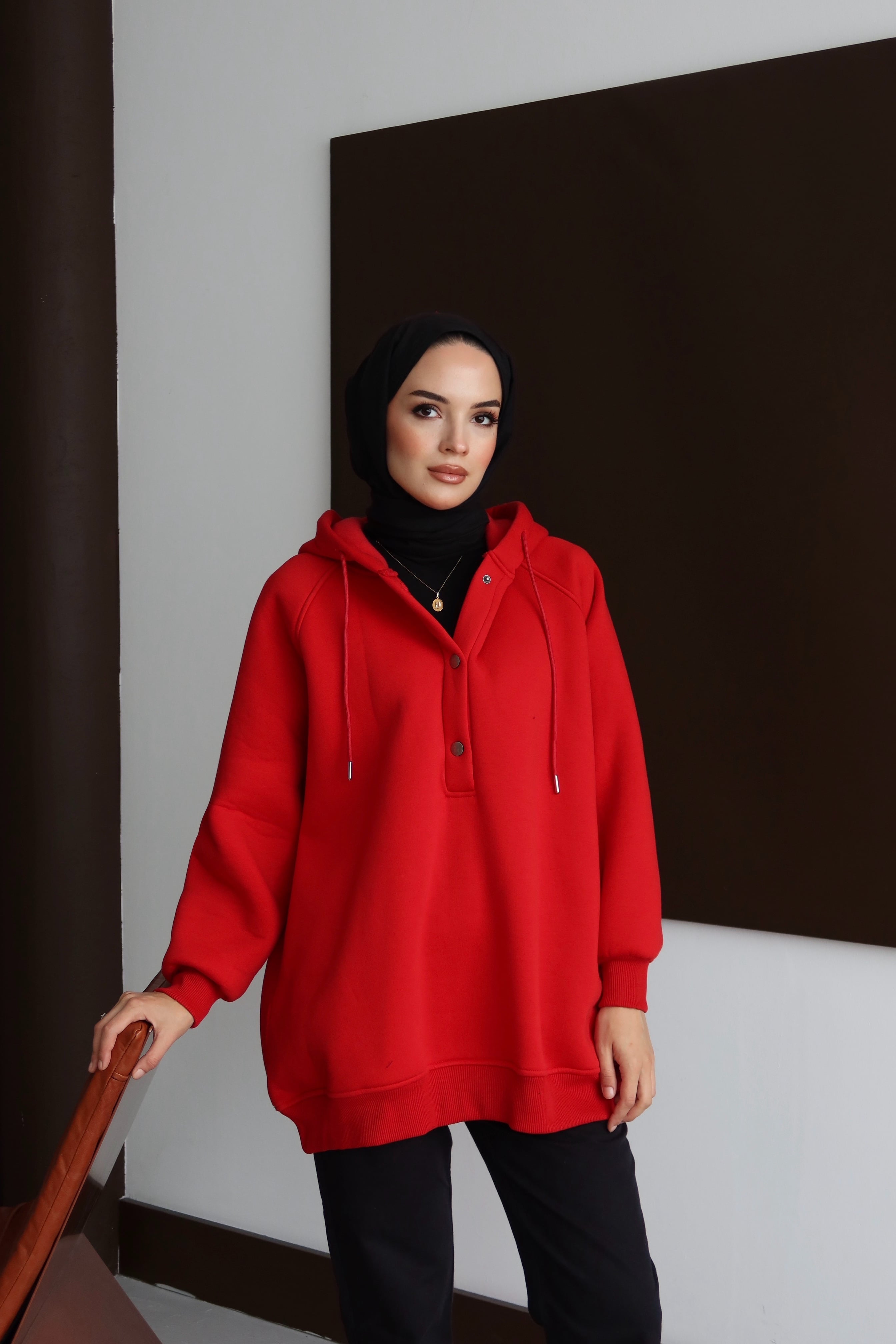 Çıtçıtlı Şardonlu Üç İplik Sweatshirt - kırmızı
