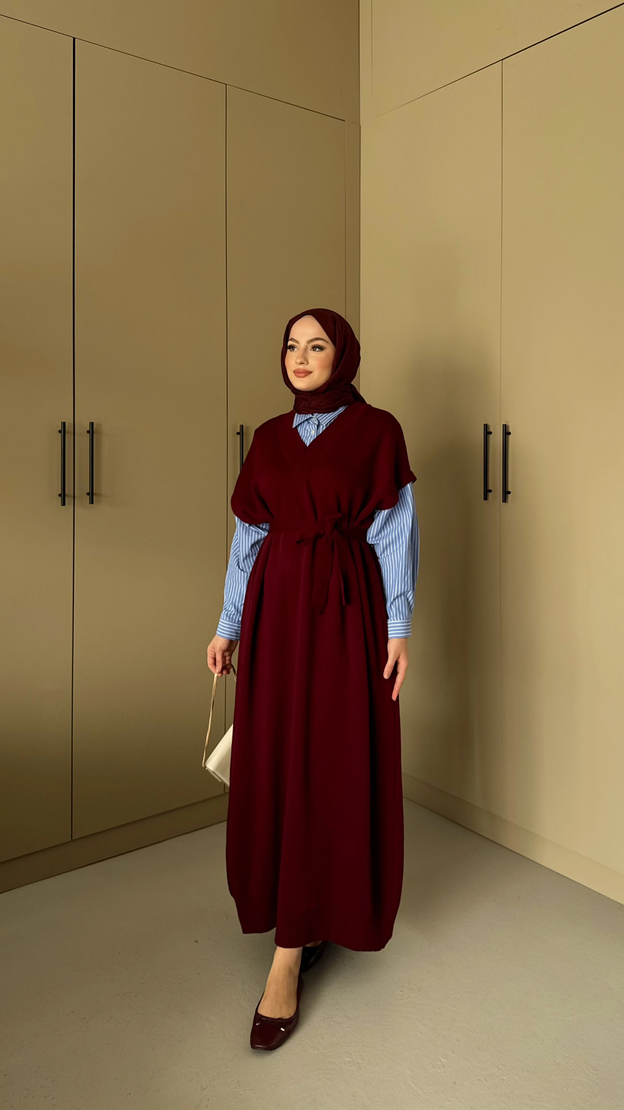 Gömlek Detaylı Triko Elbise - Bordo