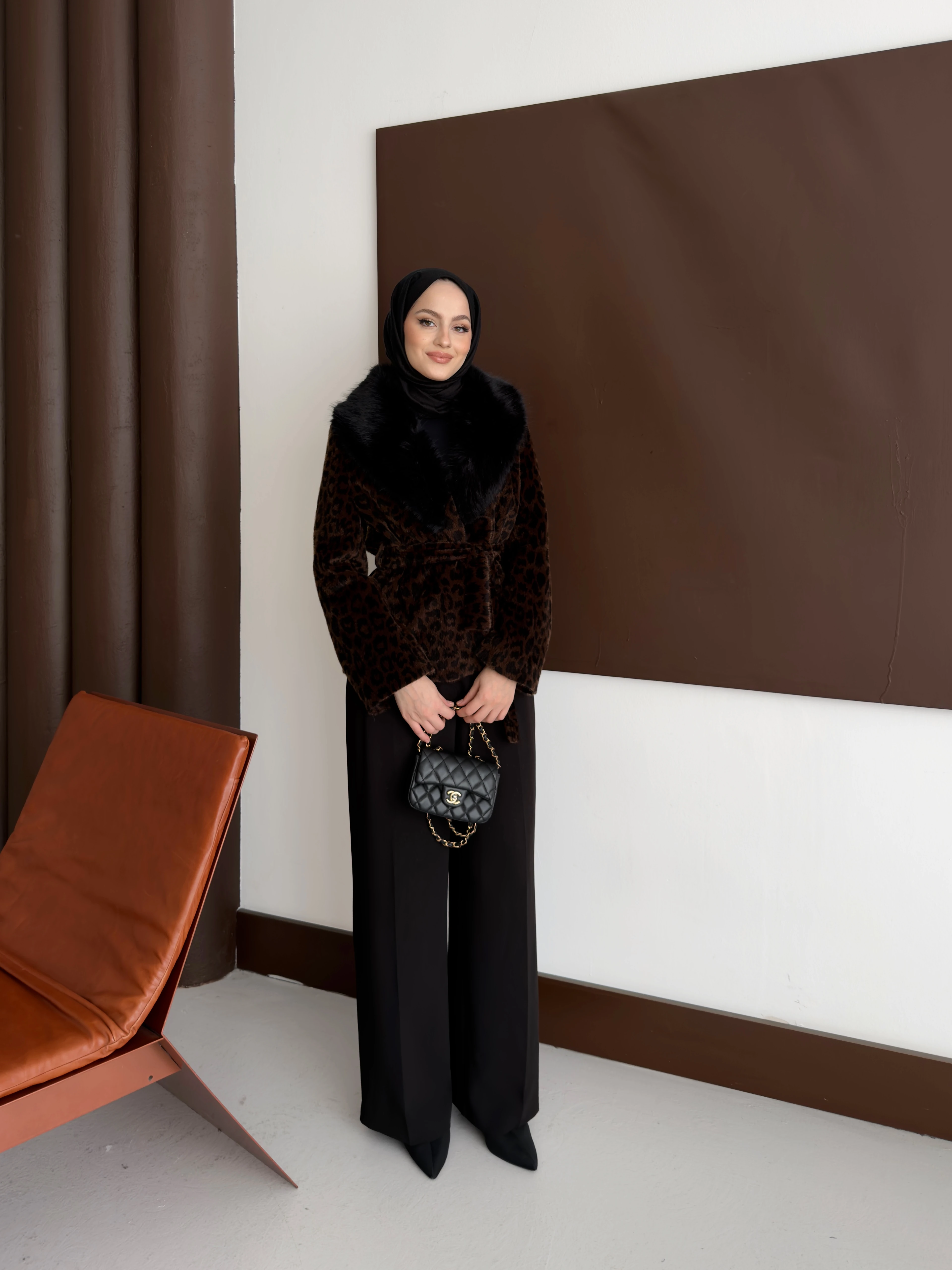 Premium Kürk Detaylı Leopar Ceket