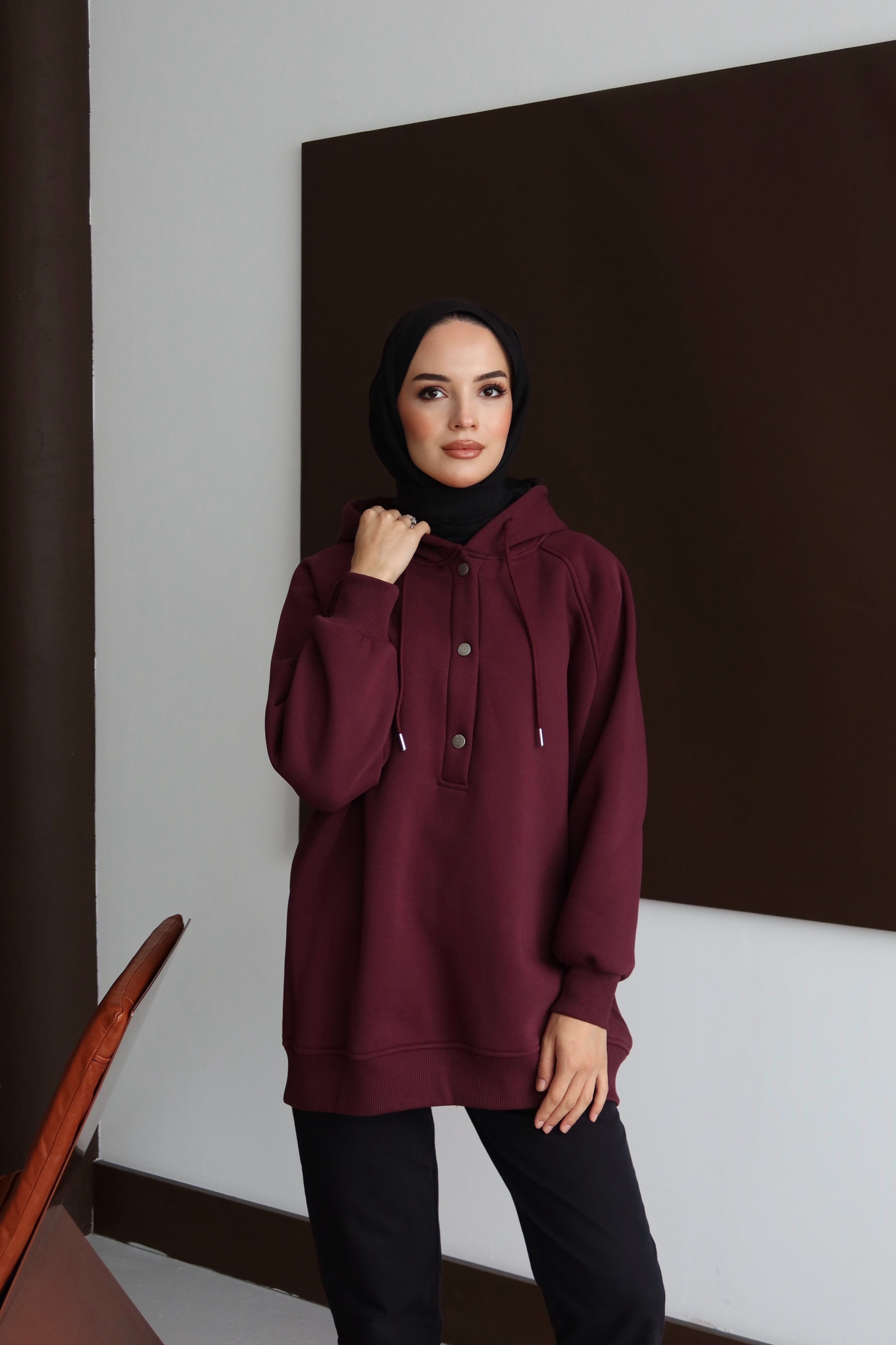 Çıtçıtlı Şardonlu Üç İplik Sweatshirt - Bordo