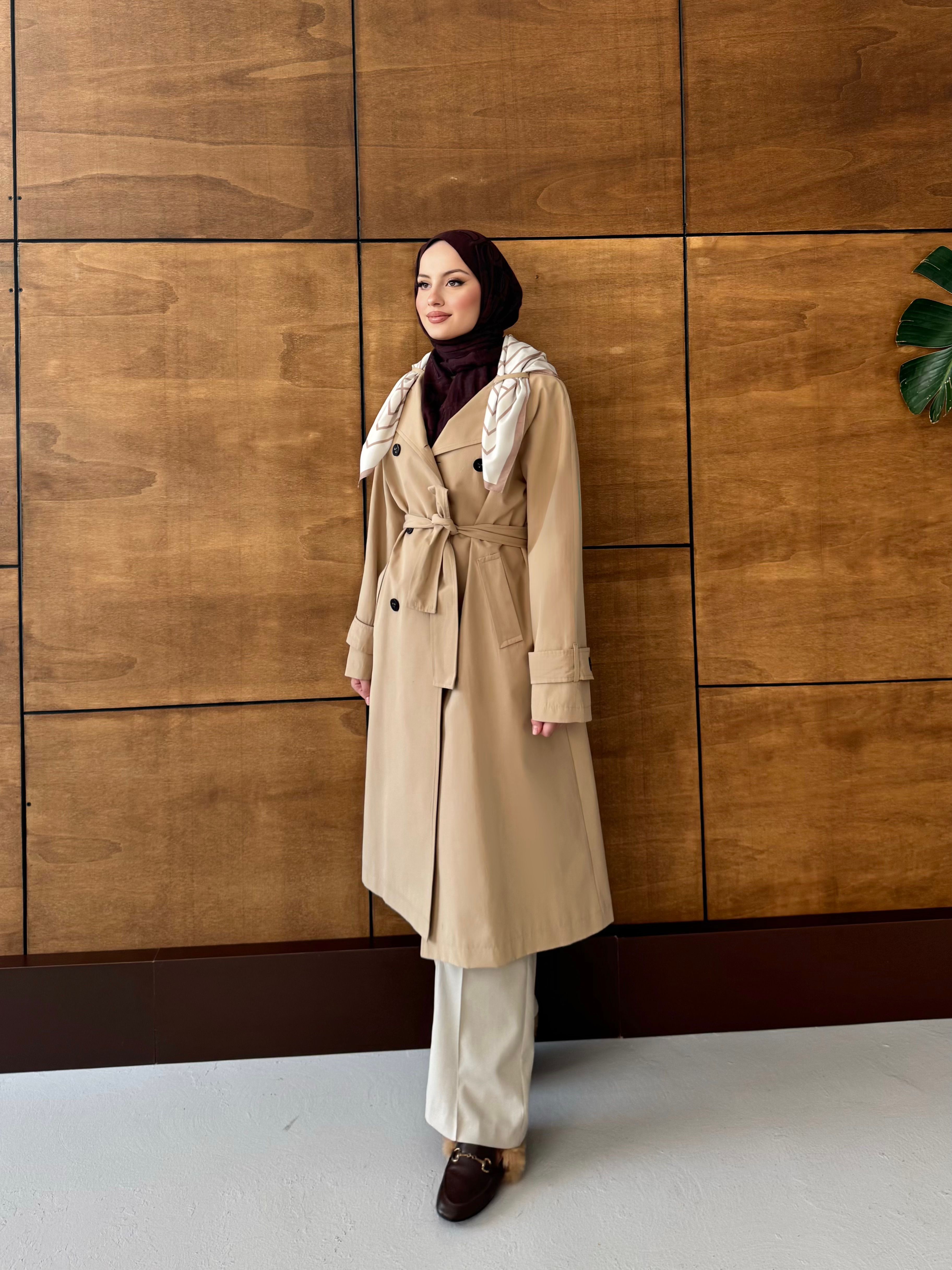 Fularlı Uzun Trençkot