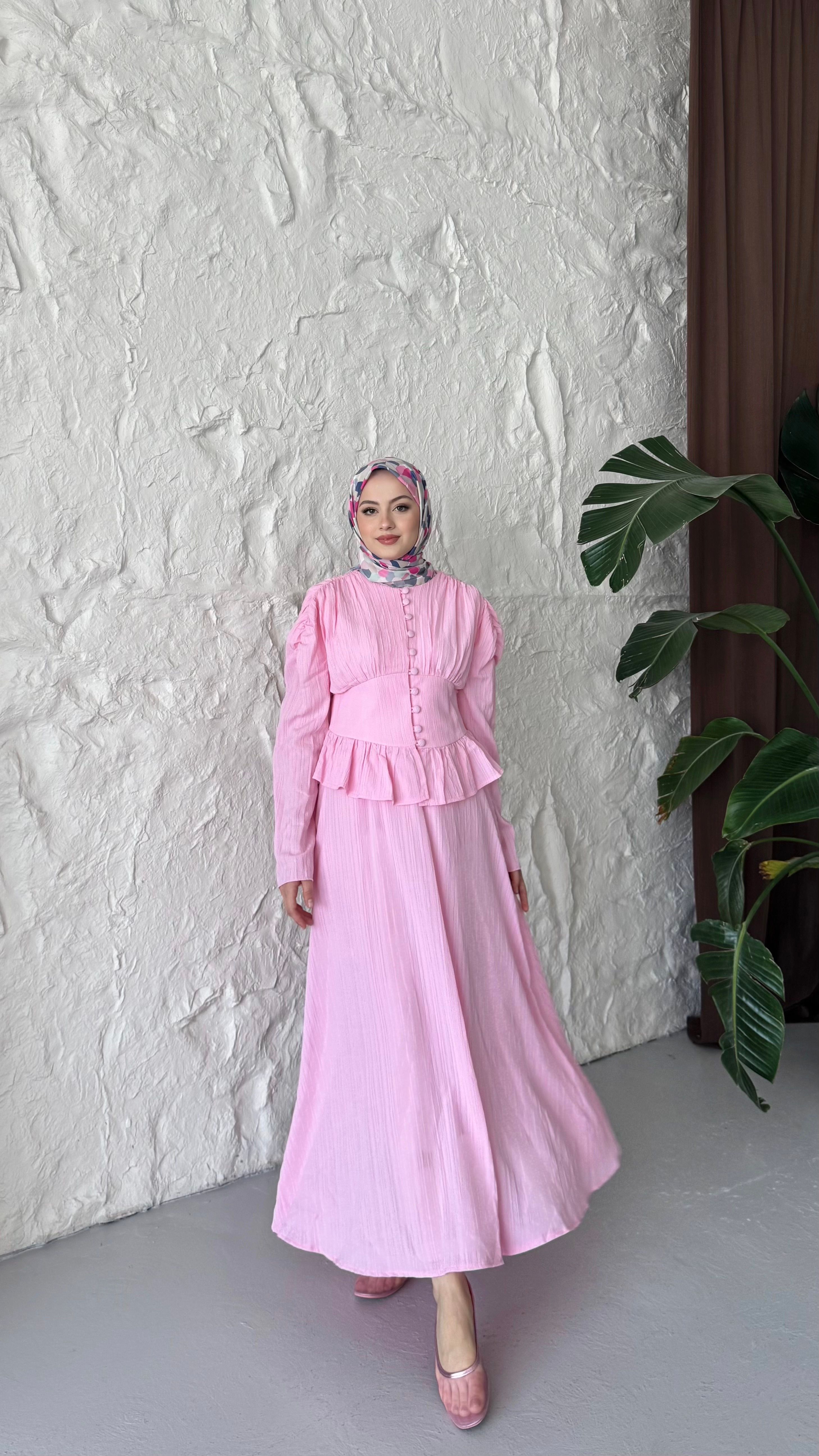 OMUZ BÜZGÜ DETAYLI NORA TAKIM - Pembe