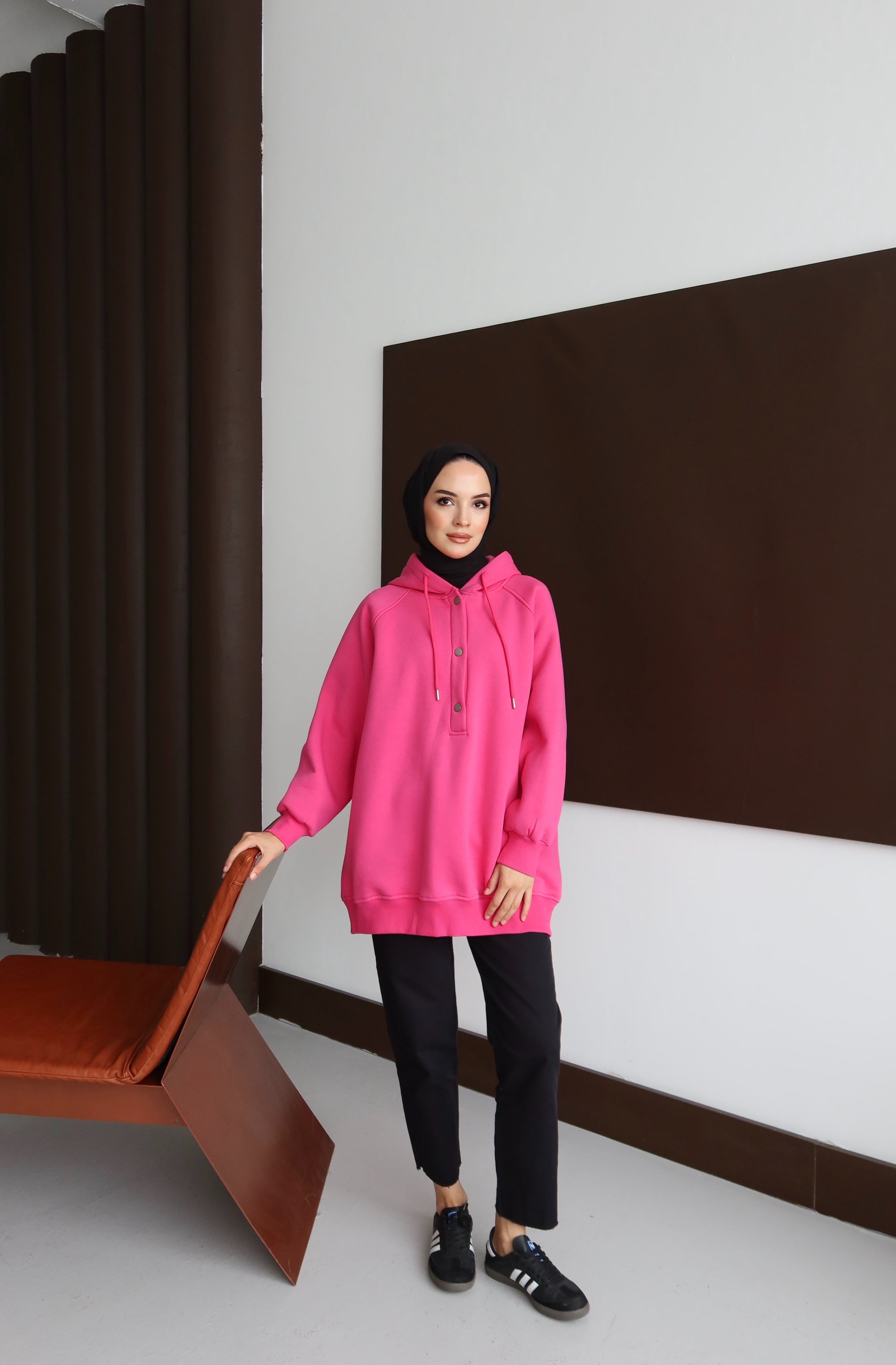 Çıtçıtlı Şardonlu Üç İplik Sweatshirt - Pembe