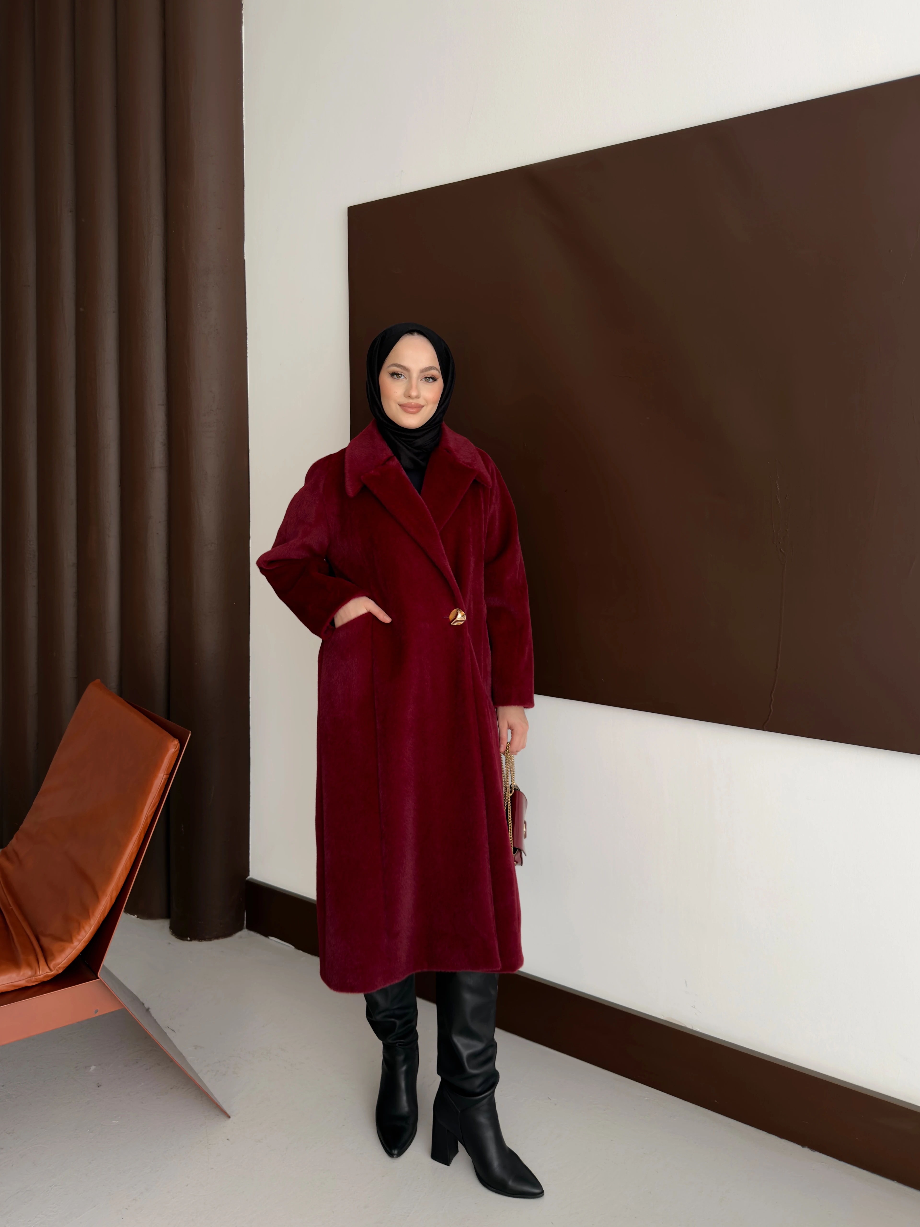 Kruvaze Yaka Tay Tüyü Kaban