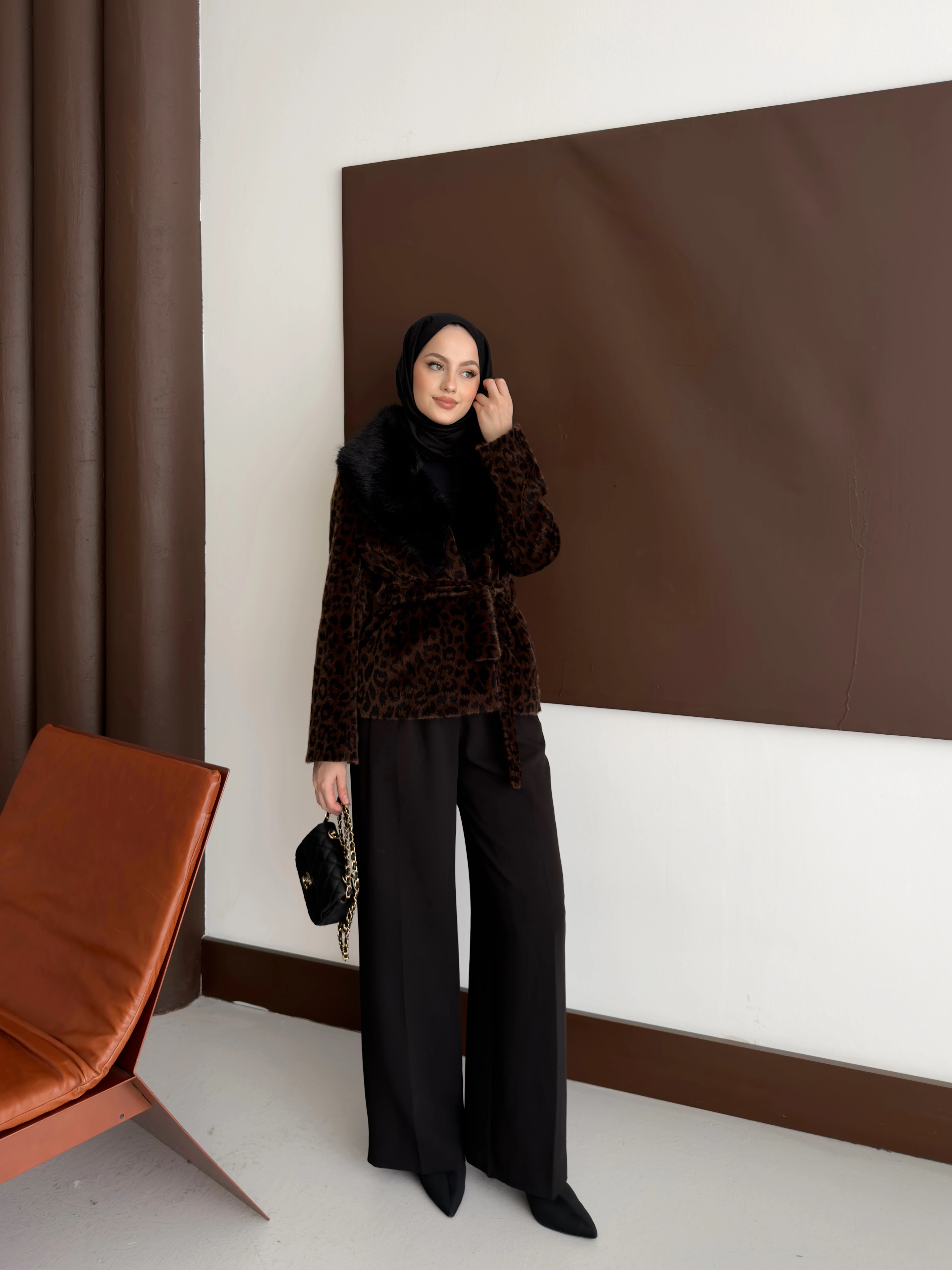 Premium Kürk Detaylı Leopar Ceket