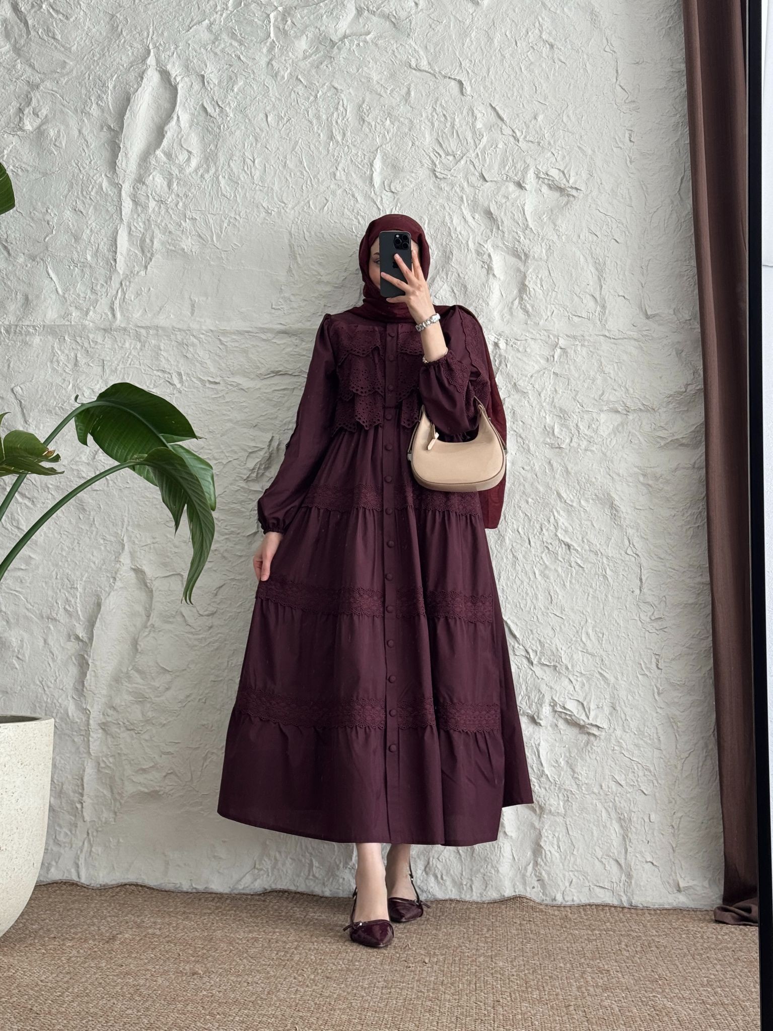Güpür Detaylı Elbise  - Bordo