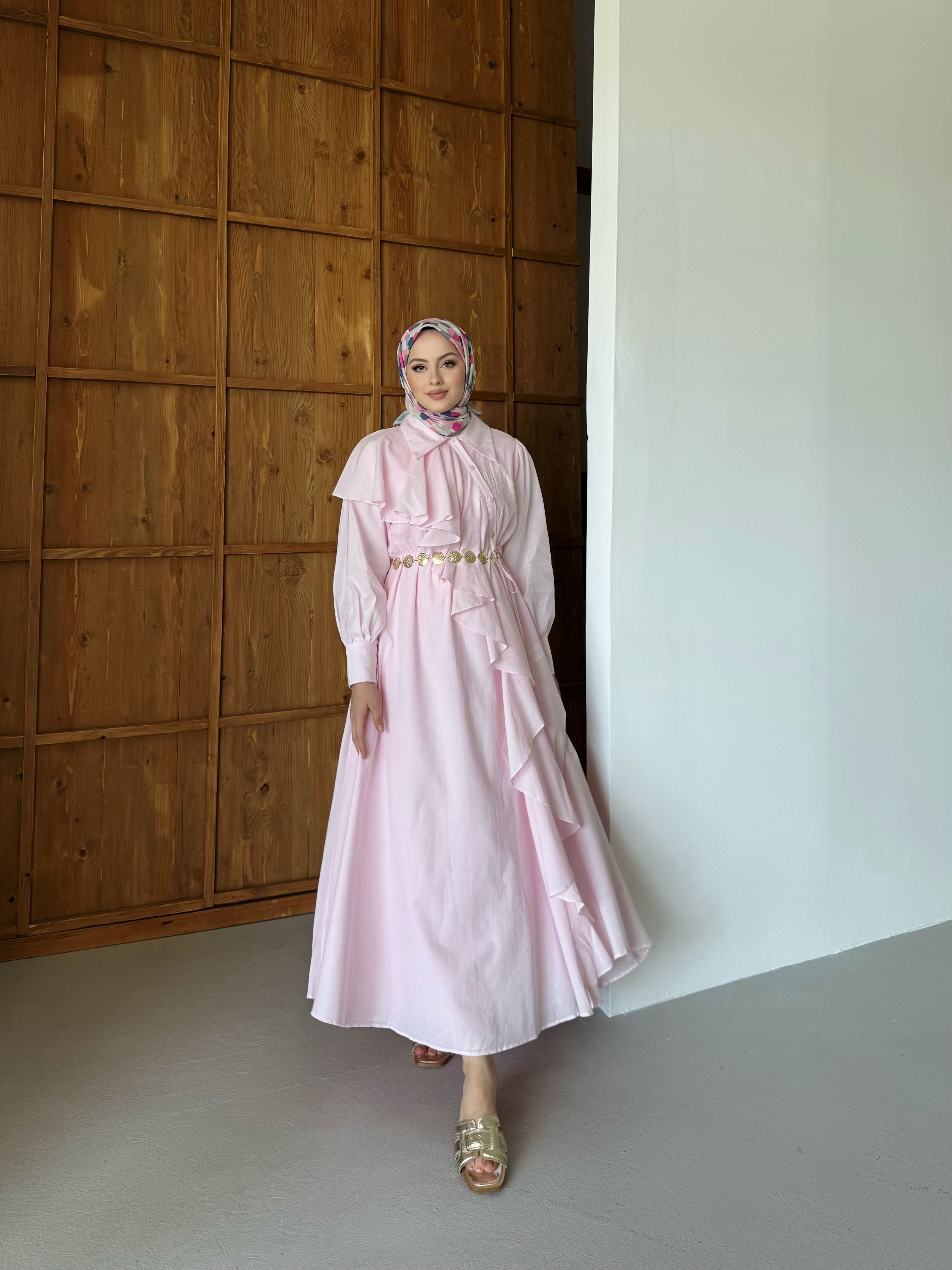 Çapraz Volanlı Vual Elbise - Pembe