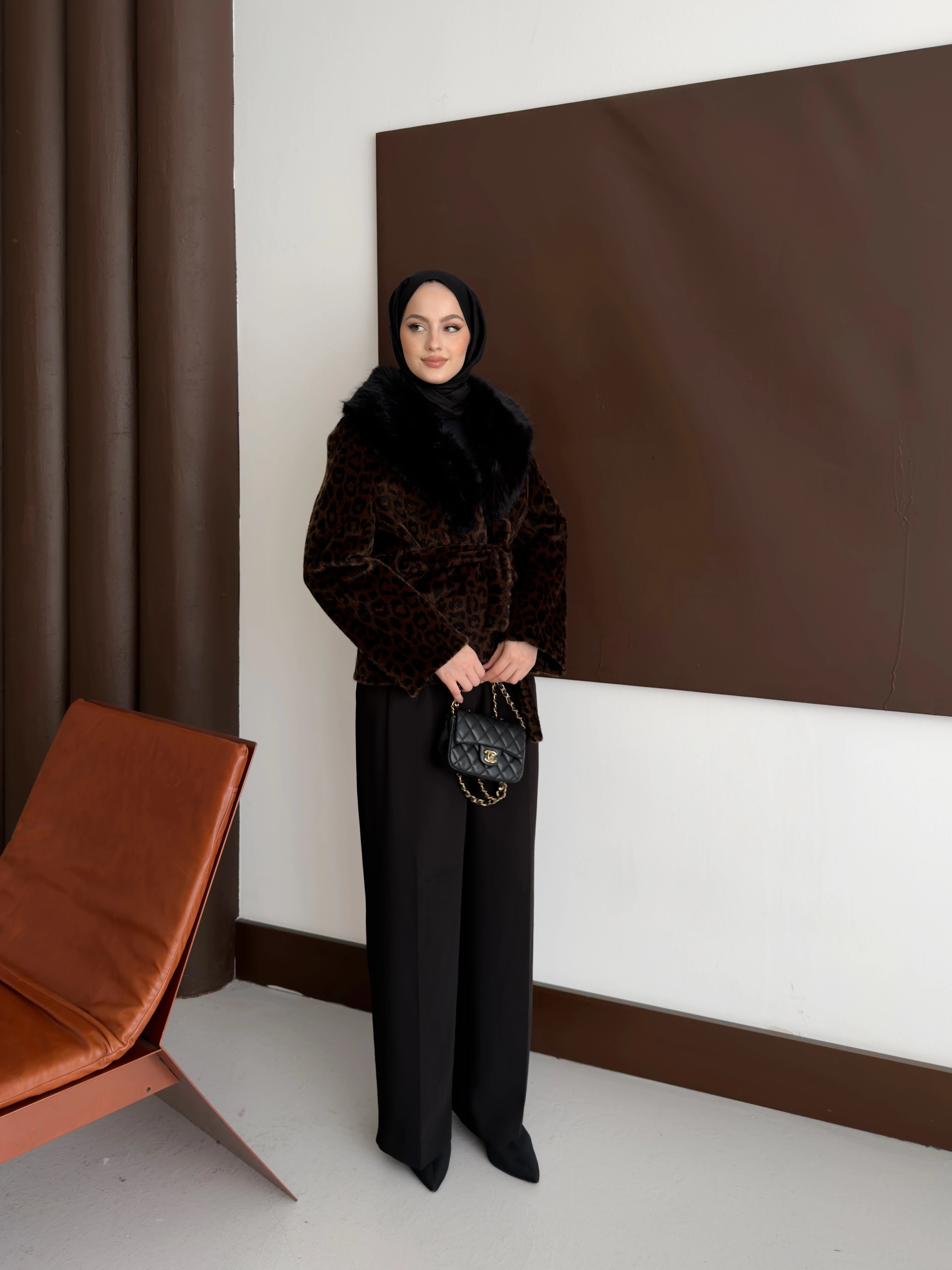 Premium Kürk Detaylı Leopar Ceket