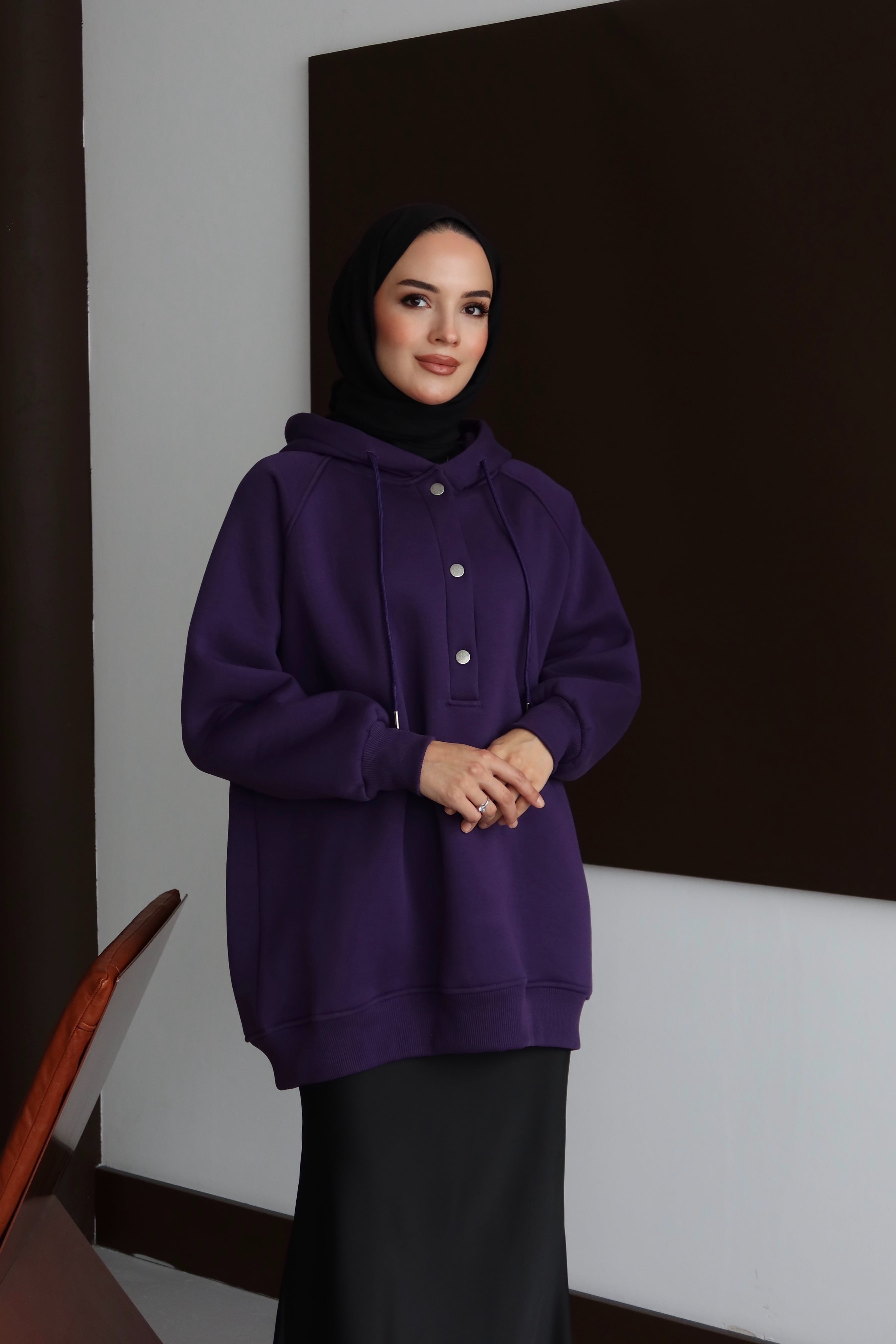 Çıtçıtlı Şardonlu Üç İplik Sweatshirt - mor