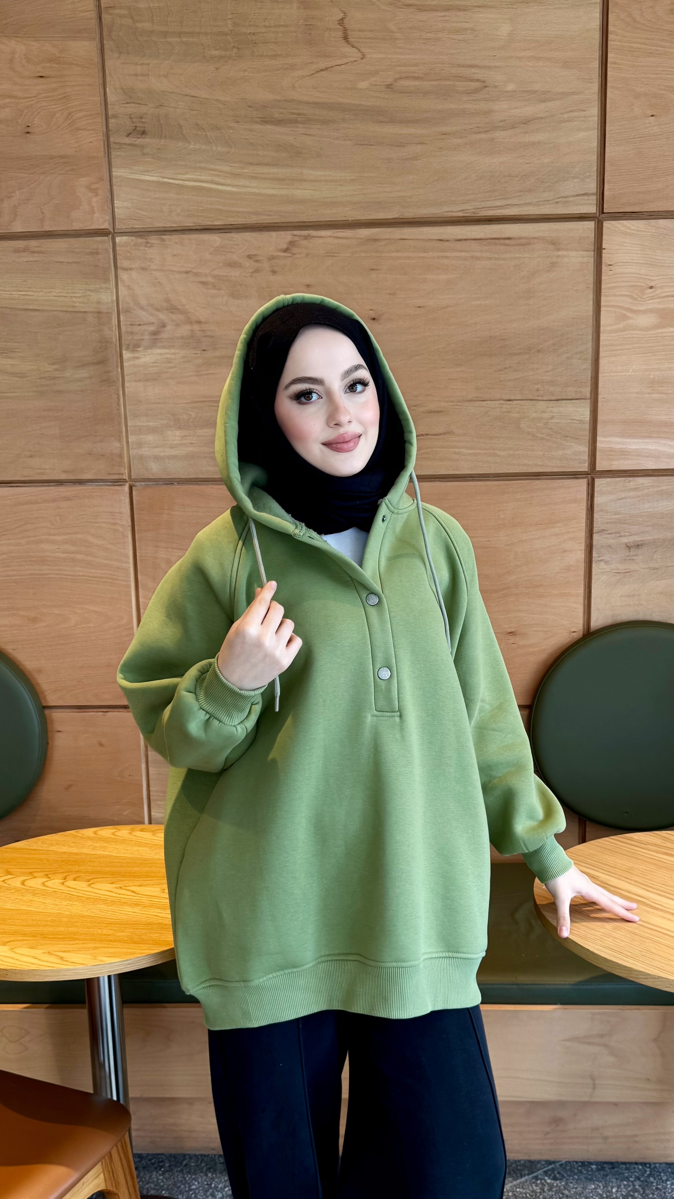 Çıtçıtlı Şardonlu Üç İplik Sweatshirt - Yeşil