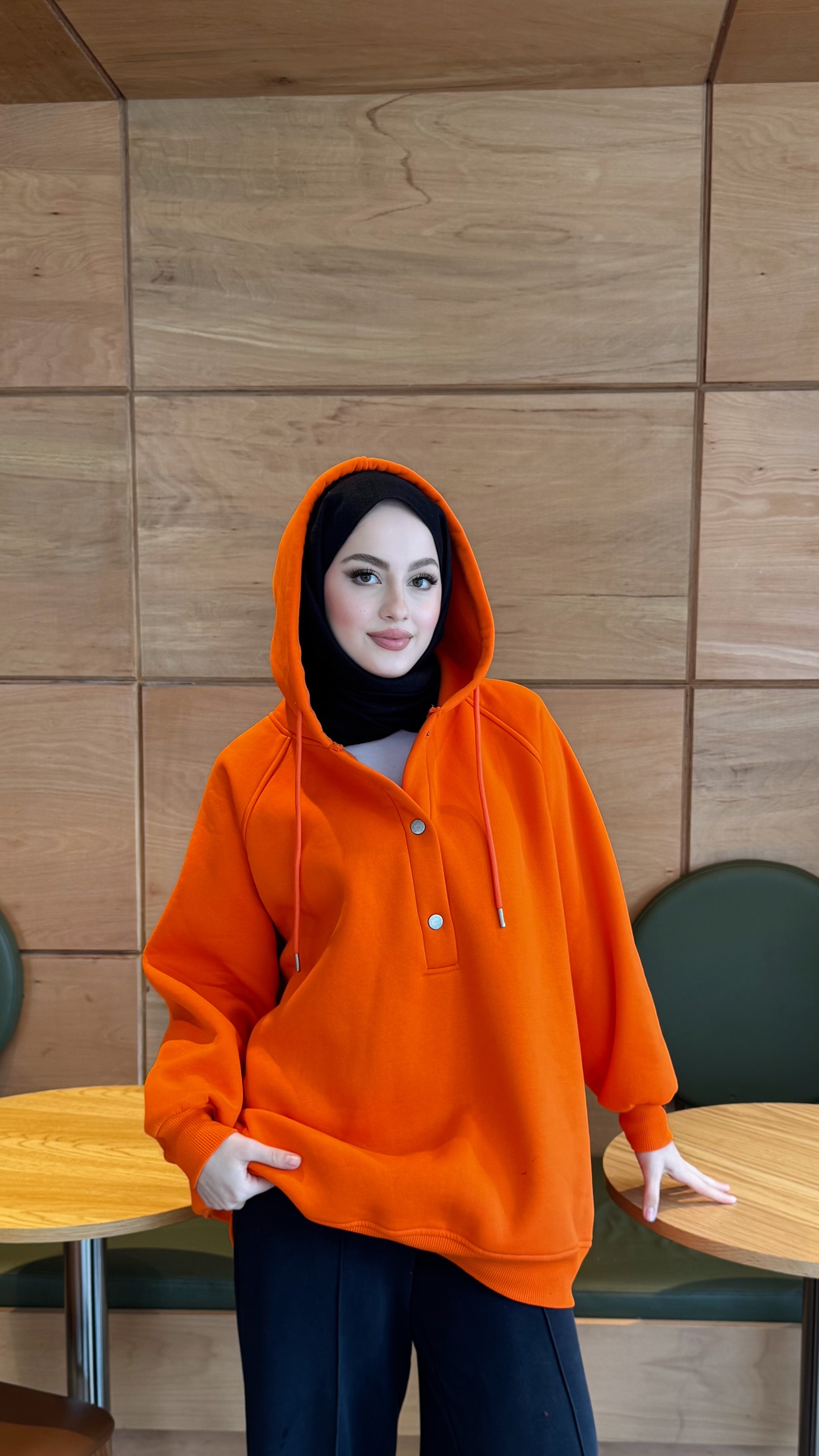 Çıtçıtlı Şardonlu Üç İplik Sweatshirt - turuncu