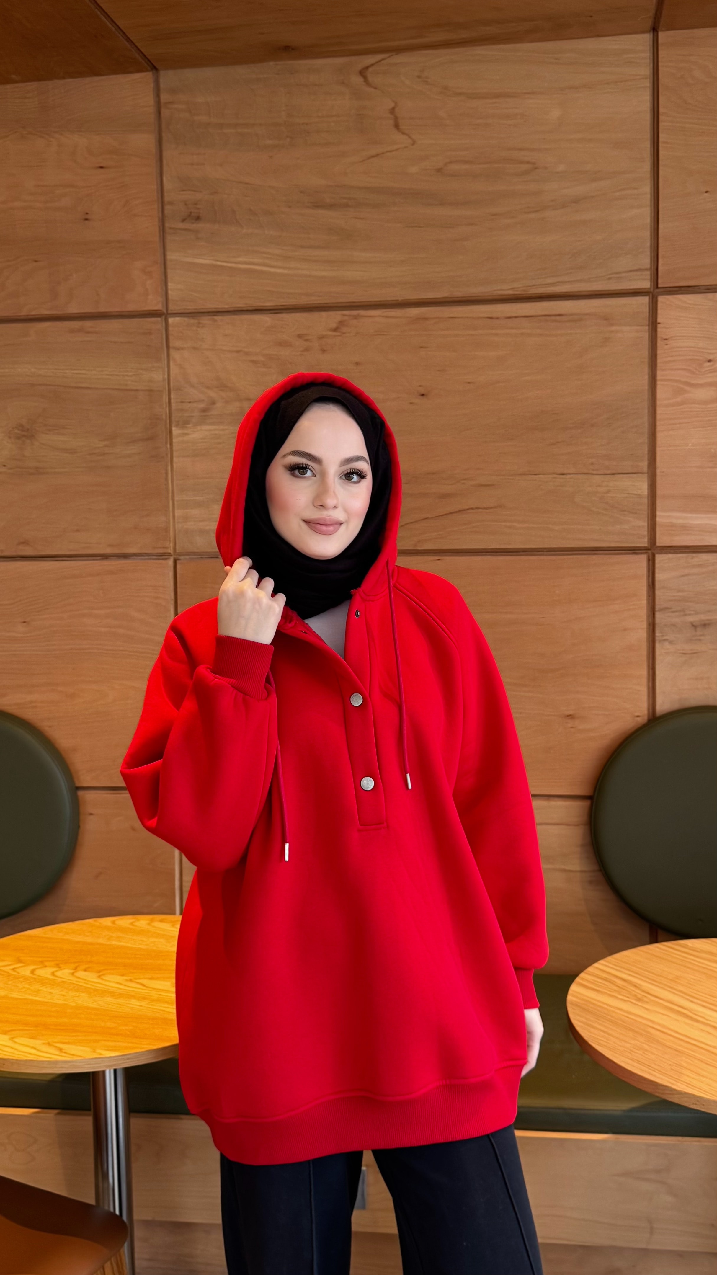 Çıtçıtlı Şardonlu Üç İplik Sweatshirt - kırmızı