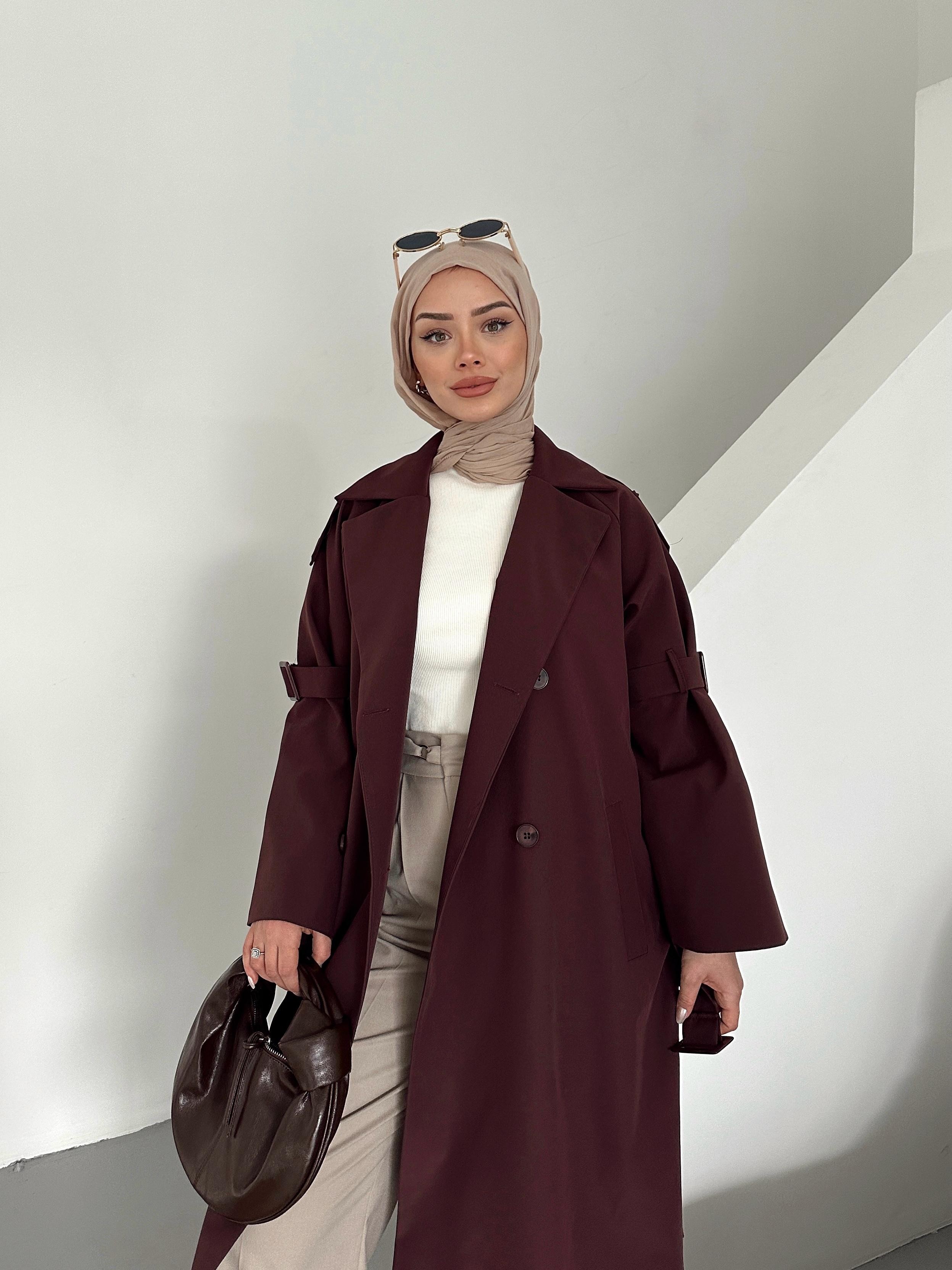 Kol Detaylı Astarlı Trençkot Bordo