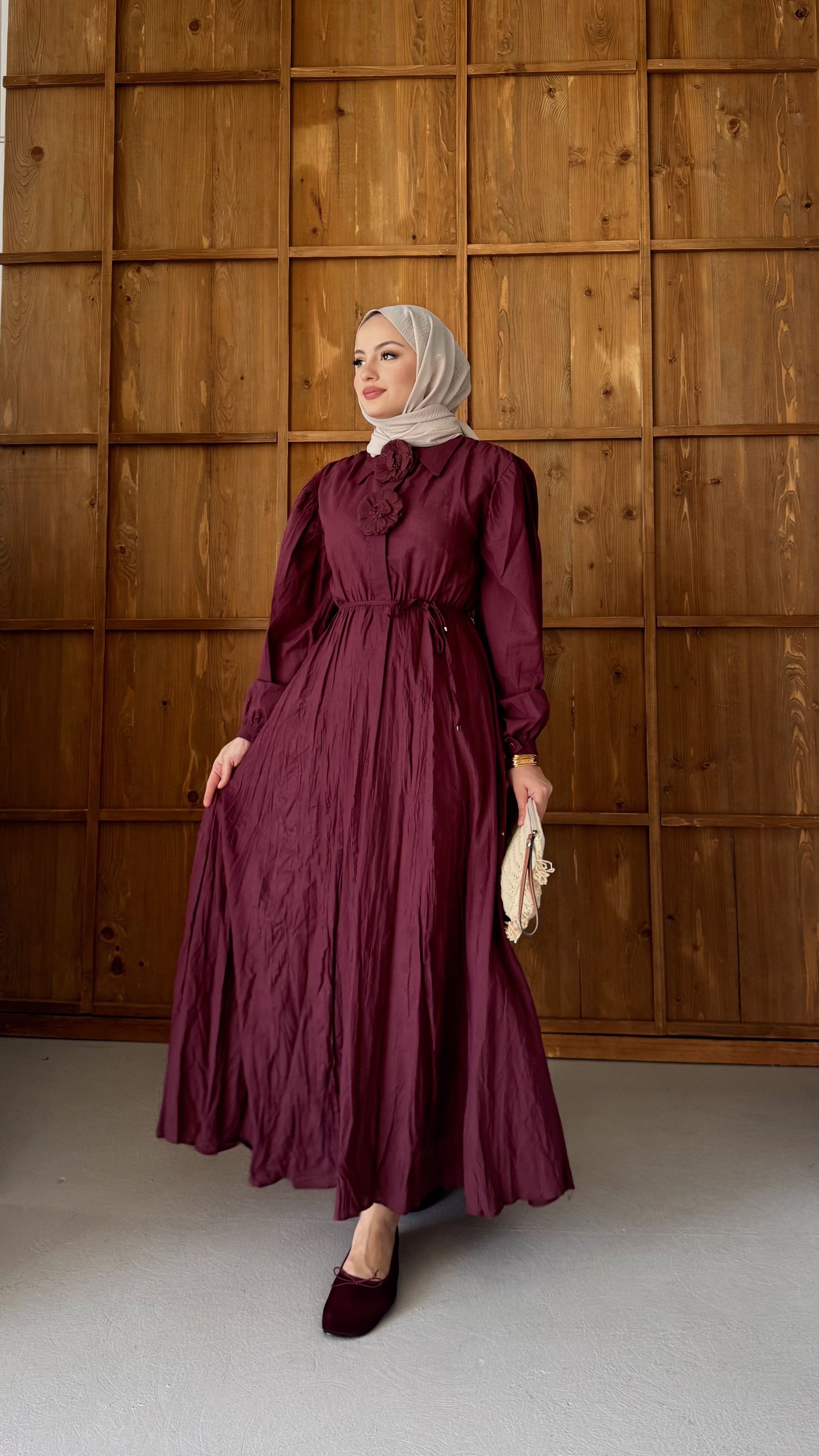 Besna Gül Detaylı Krash Elbise - Bordo
