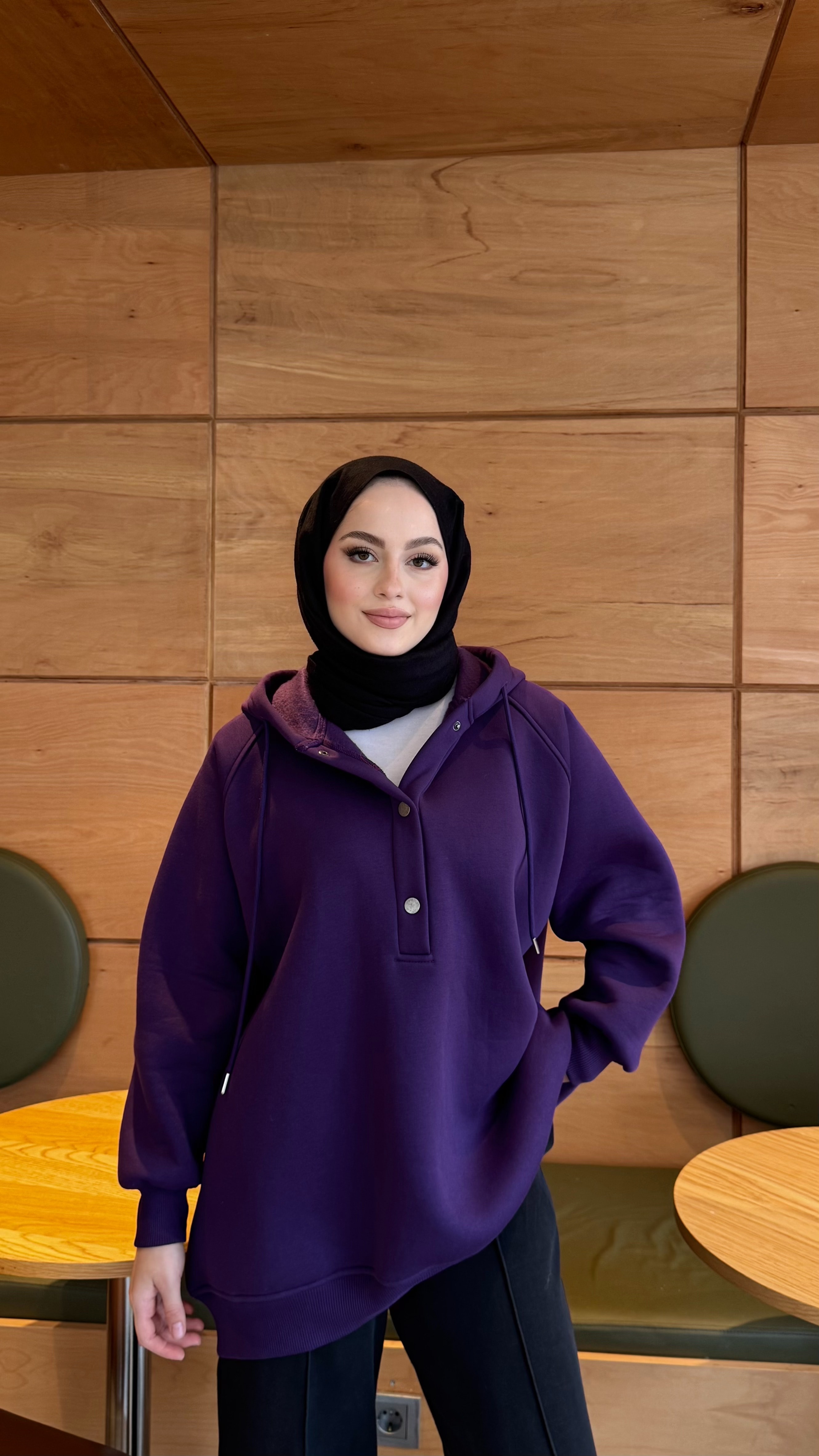 Çıtçıtlı Şardonlu Üç İplik Sweatshirt - mor