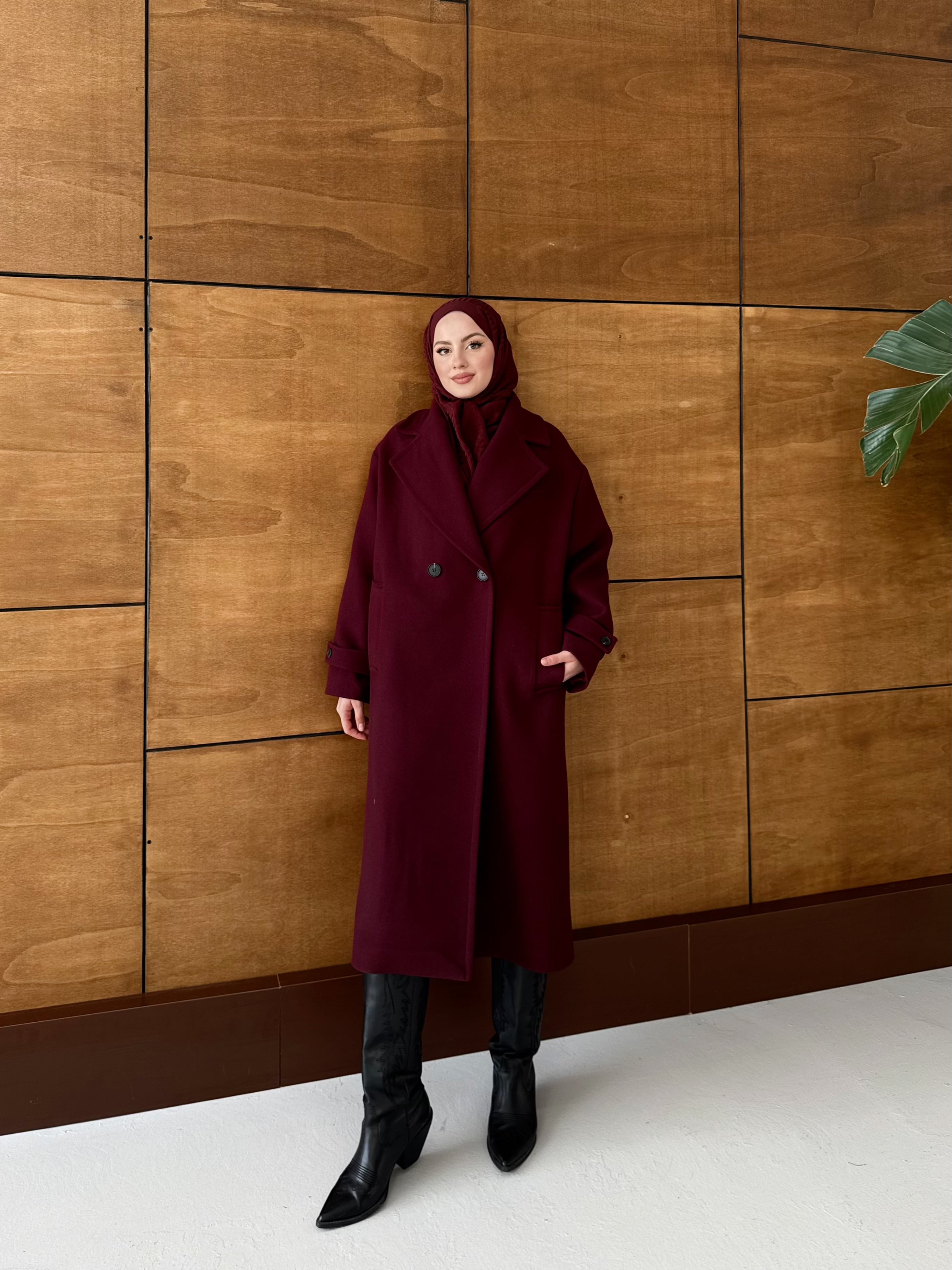 Zr Muadil Premium Astarlı Kaşe Kaban - Bordo