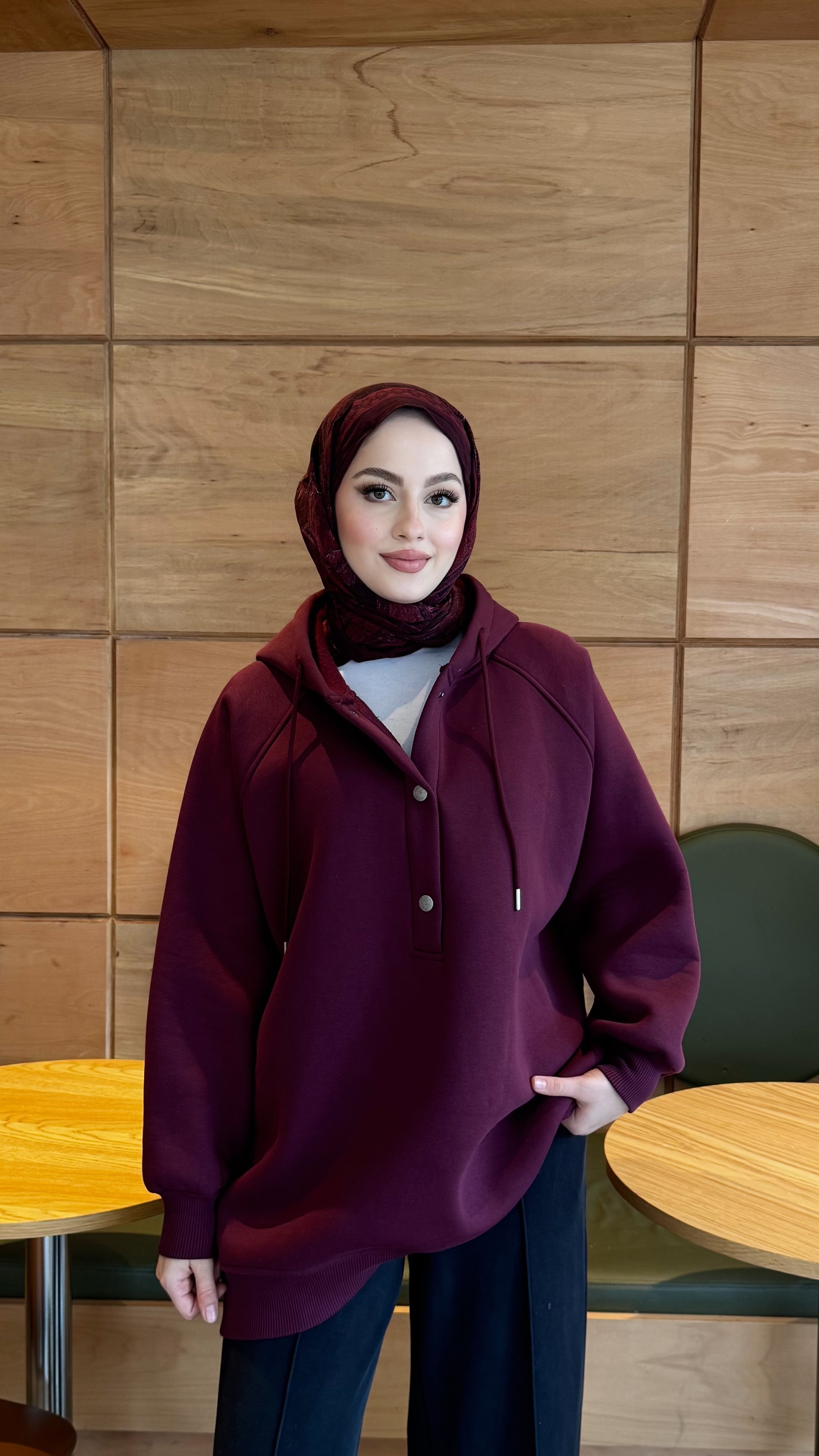 Çıtçıtlı Şardonlu Üç İplik Sweatshirt - Bordo