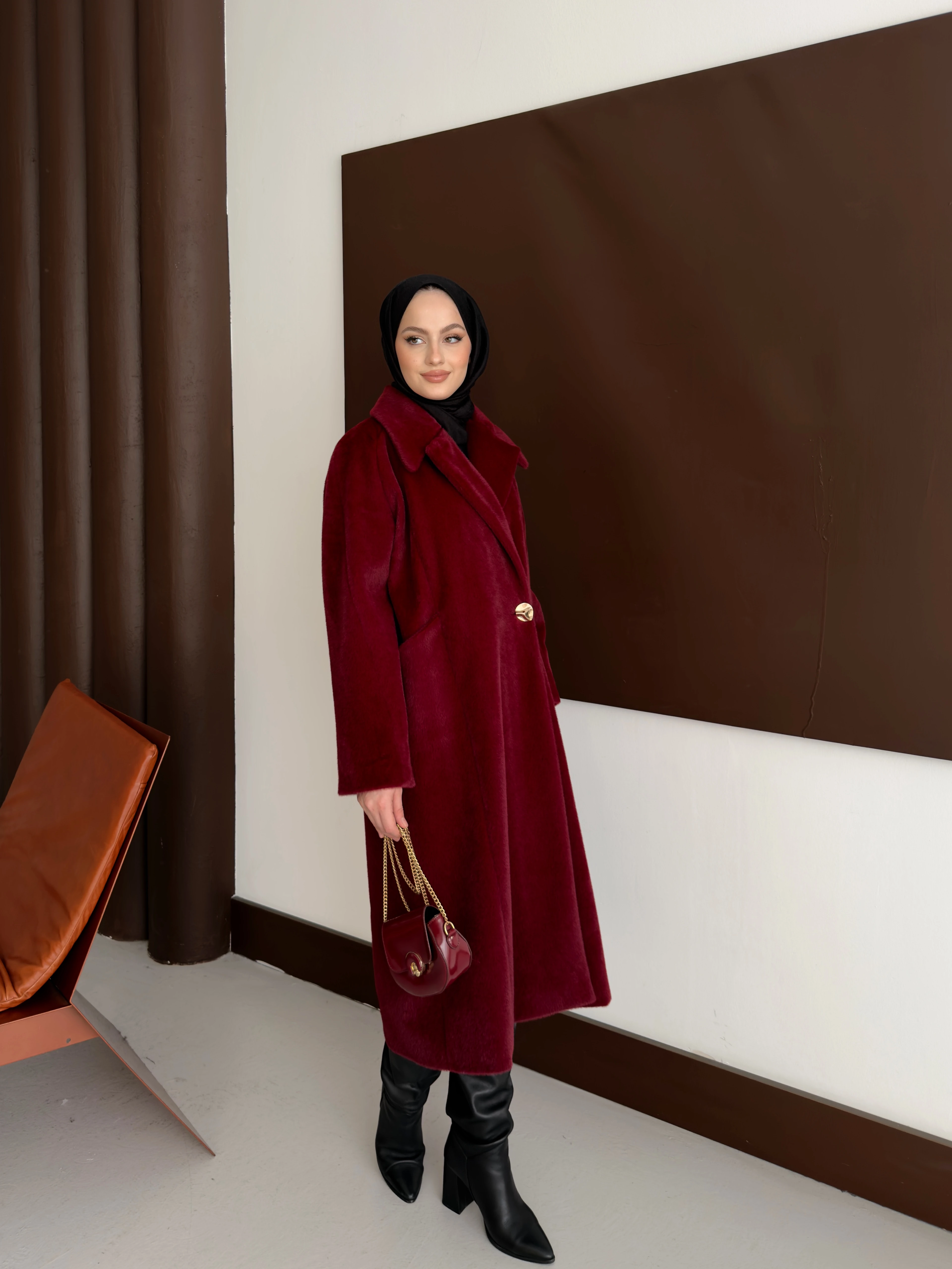 Kruvaze Yaka Tay Tüyü Kaban