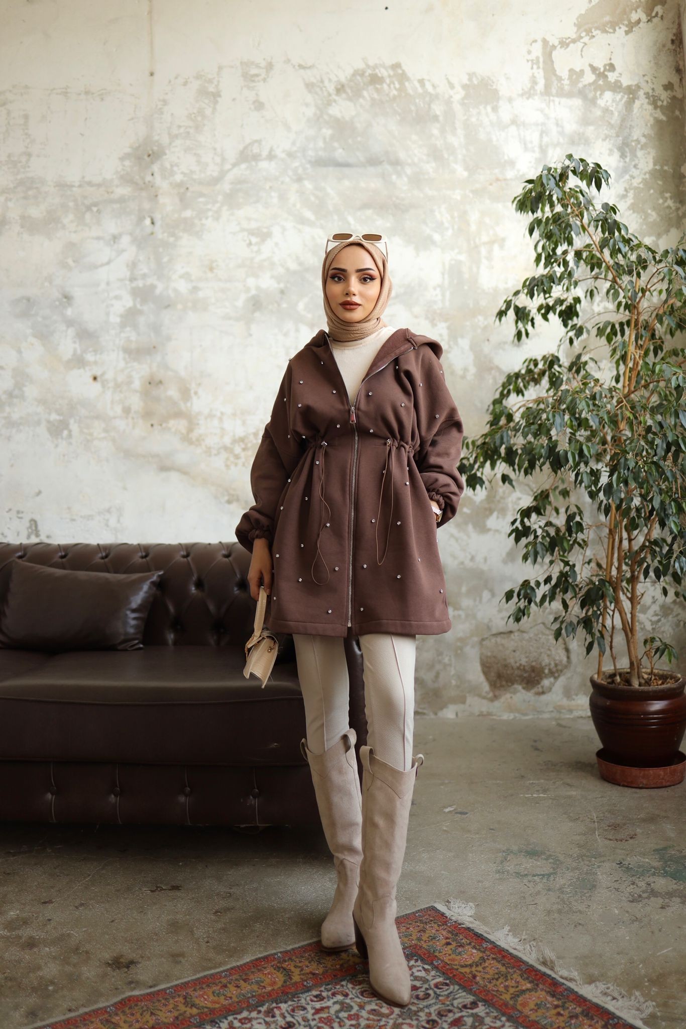 Diamond taşlı ceket/hırka kahverengi