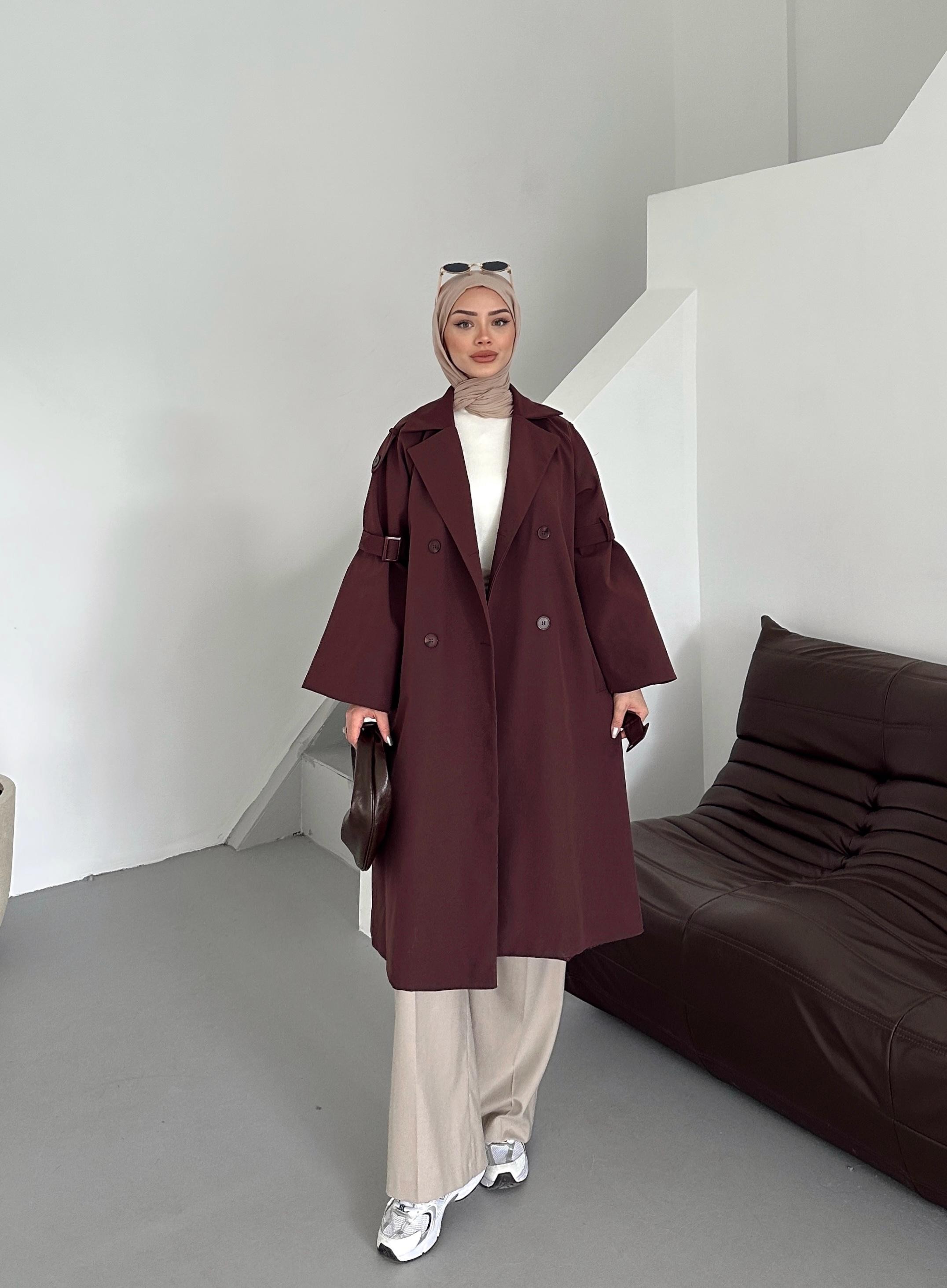 Kol Detaylı Astarlı Trençkot Bordo