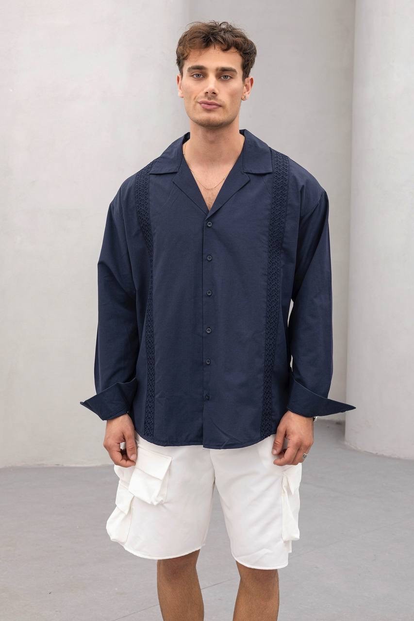 Oversize Lacivert Şerit Nakış Gömlek
