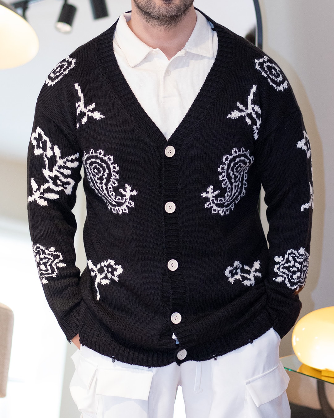 Desenli Hırka Oversize Siyah