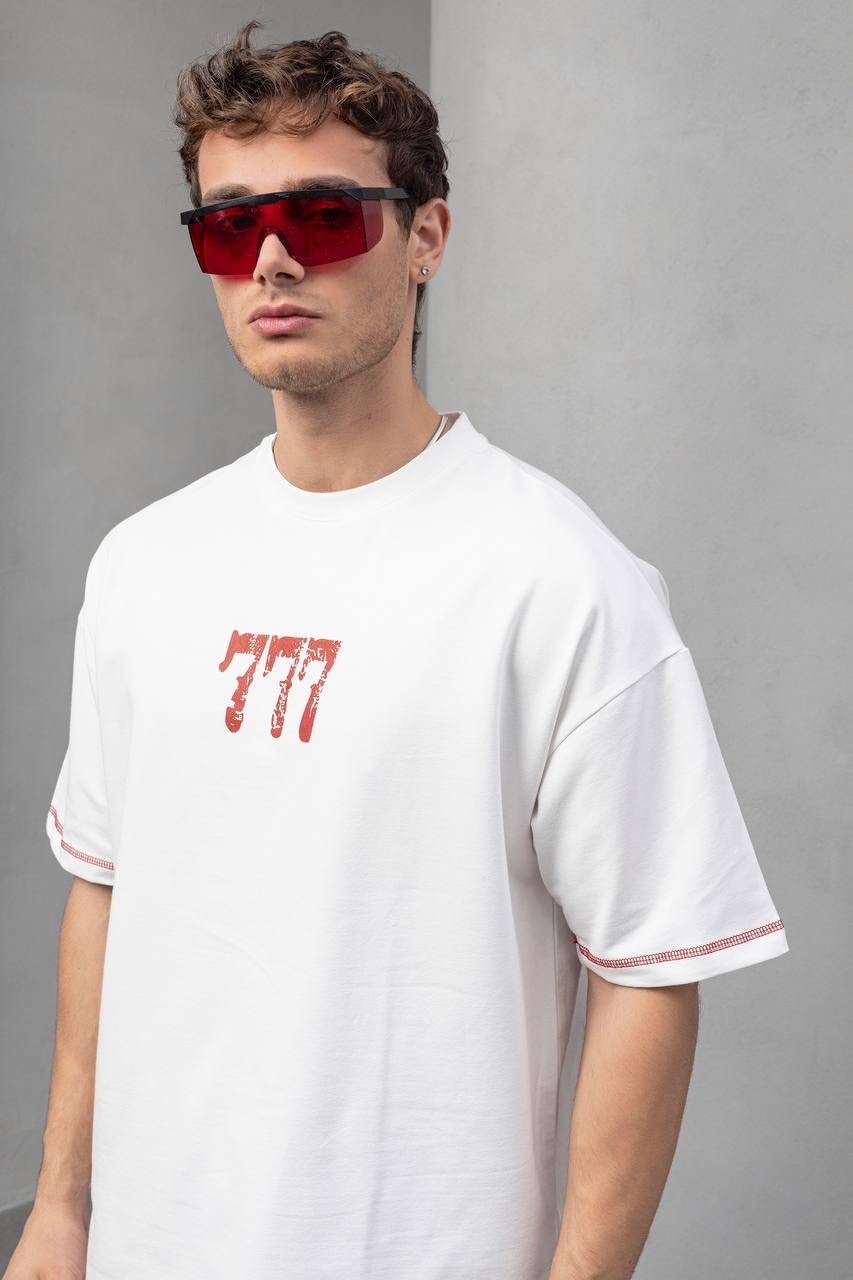 777 Baskılı Tişört Beyaz 
