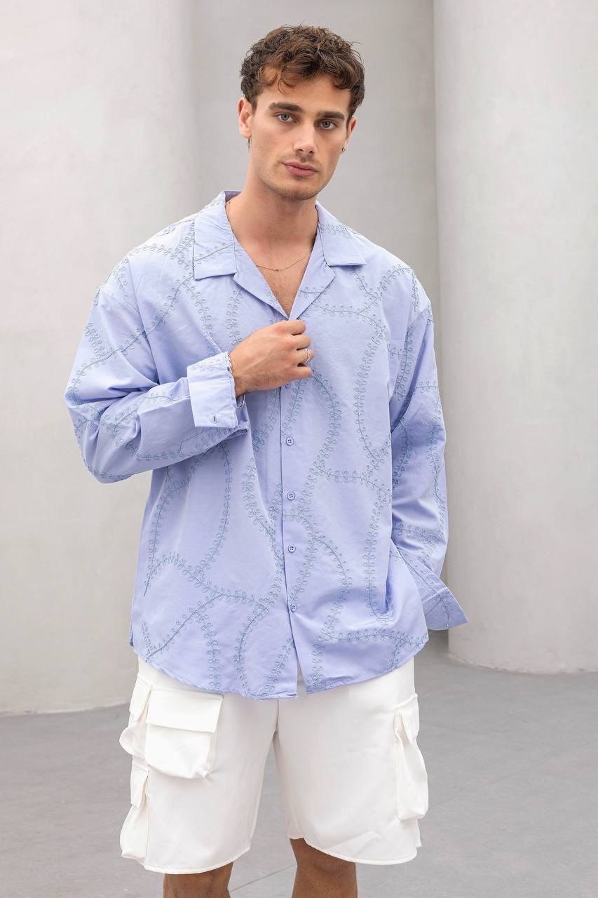 Oversize Nakışlı Mavi Gömlek