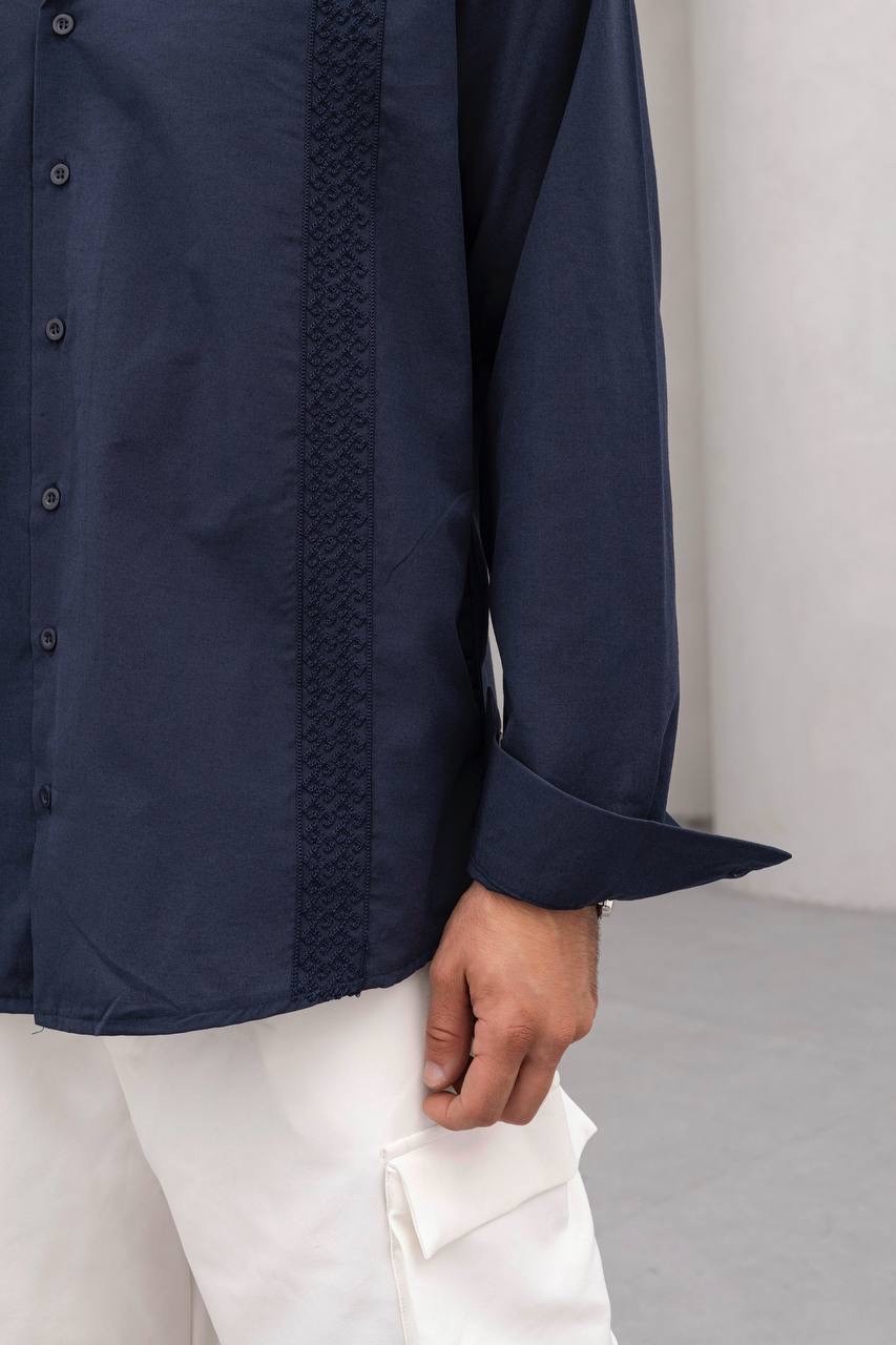 Oversize Lacivert Şerit Nakış Gömlek