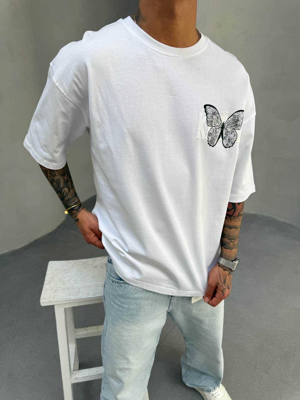 Kelebek Baskılı Oversize Beyaz Tshirt