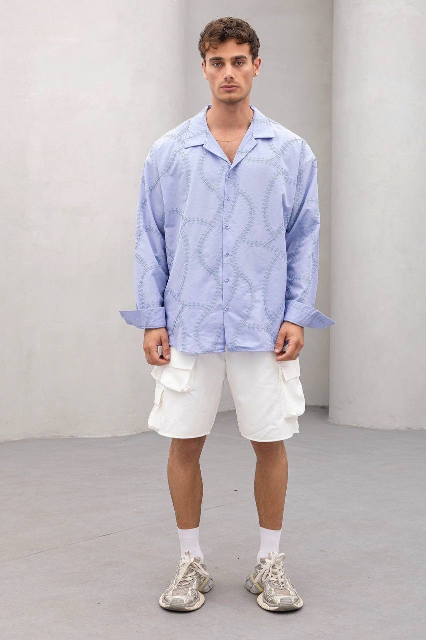 Oversize Nakışlı Mavi Gömlek