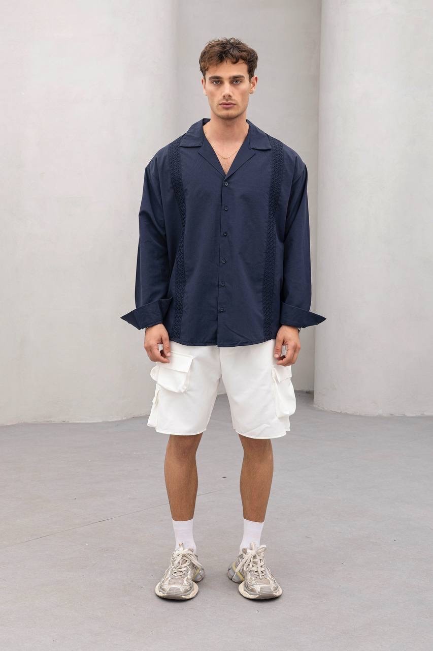 Oversize Lacivert Şerit Nakış Gömlek