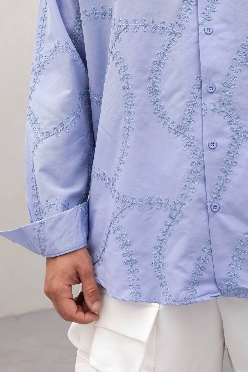 Oversize Nakışlı Mavi Gömlek
