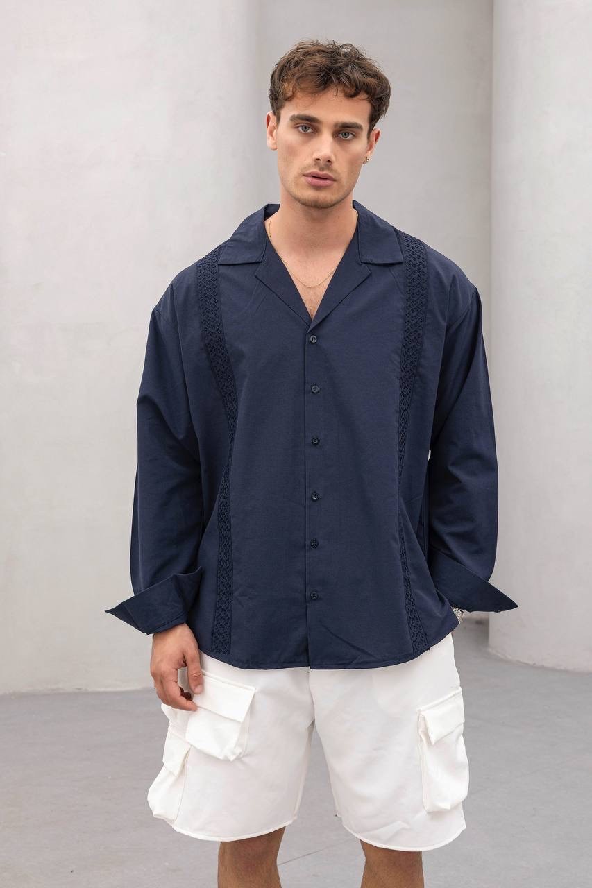 Oversize Lacivert Şerit Nakış Gömlek