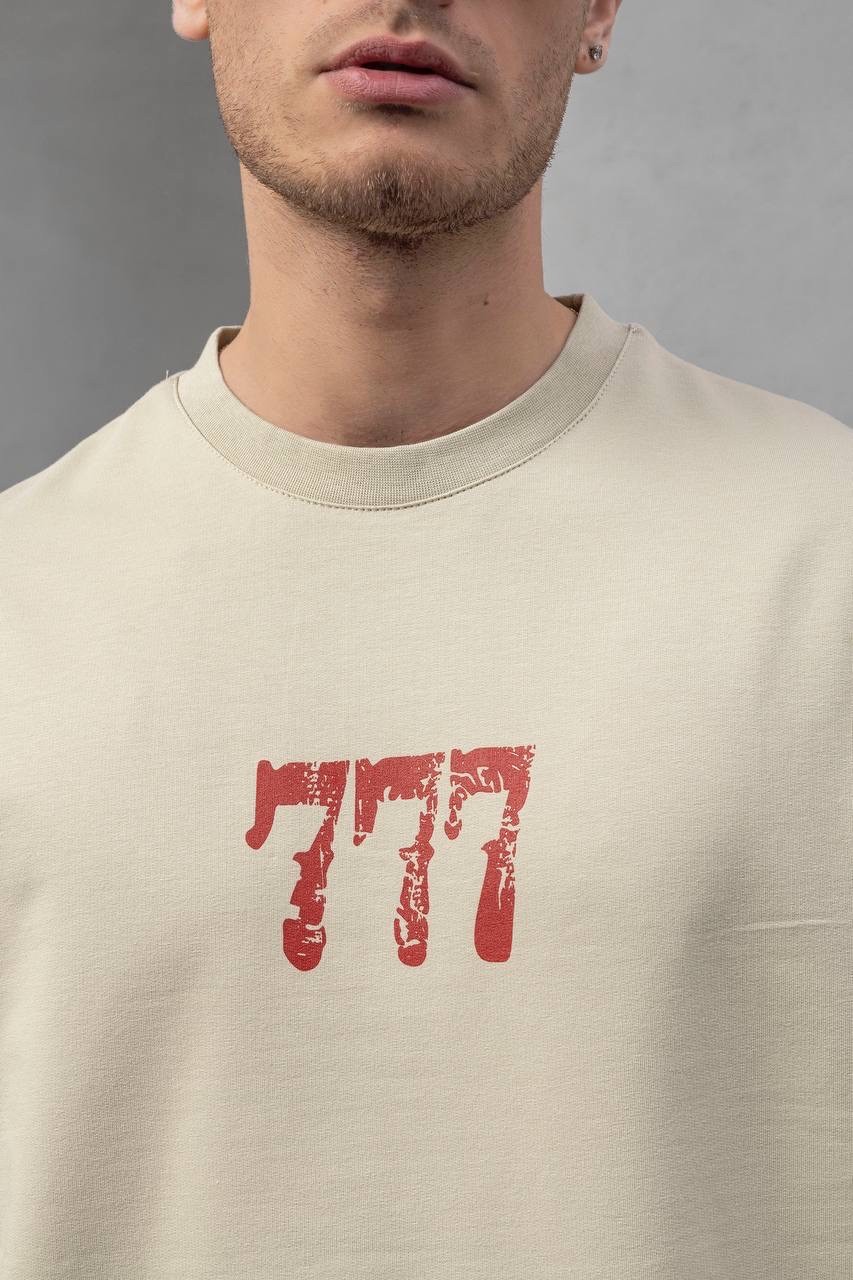 777 Baskılı Bej Tişört 