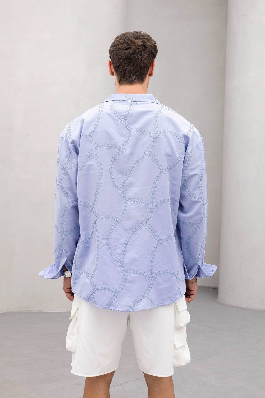 Oversize Nakışlı Mavi Gömlek