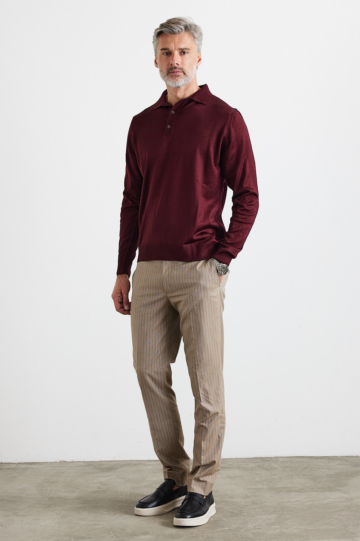 Men's Standard Fit Regular Cut Polo Collar Knit Sweater - Maroon