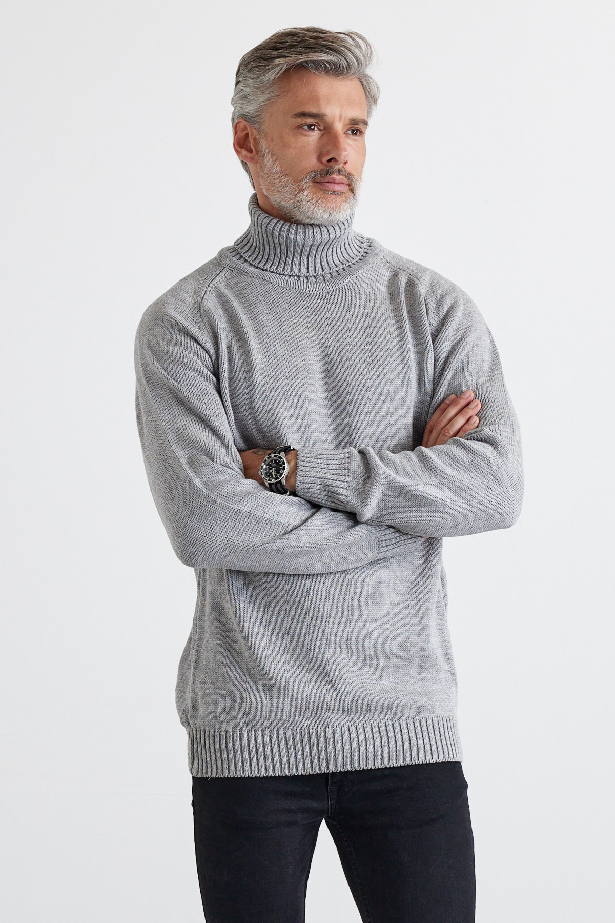 Men's Full Fisherman Thick Italian Sleeve Sweater - Light Grey