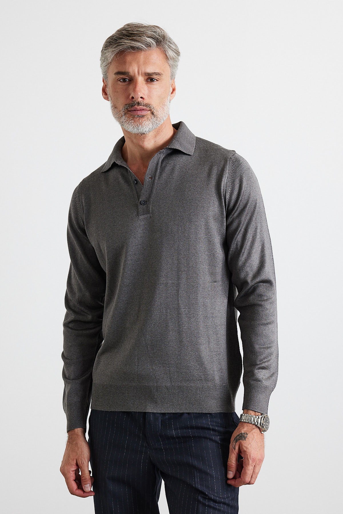 Men's Standard Fit Regular Cut Polo Collar Knit Sweater - Anthracite