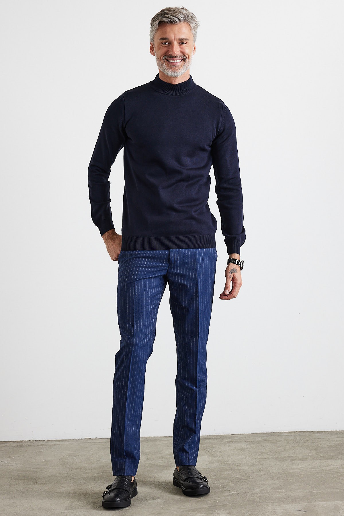 Men's Slim Fit Narrow Cut Half Fisherman's Collar Turtleneck Sweater - Navy blue