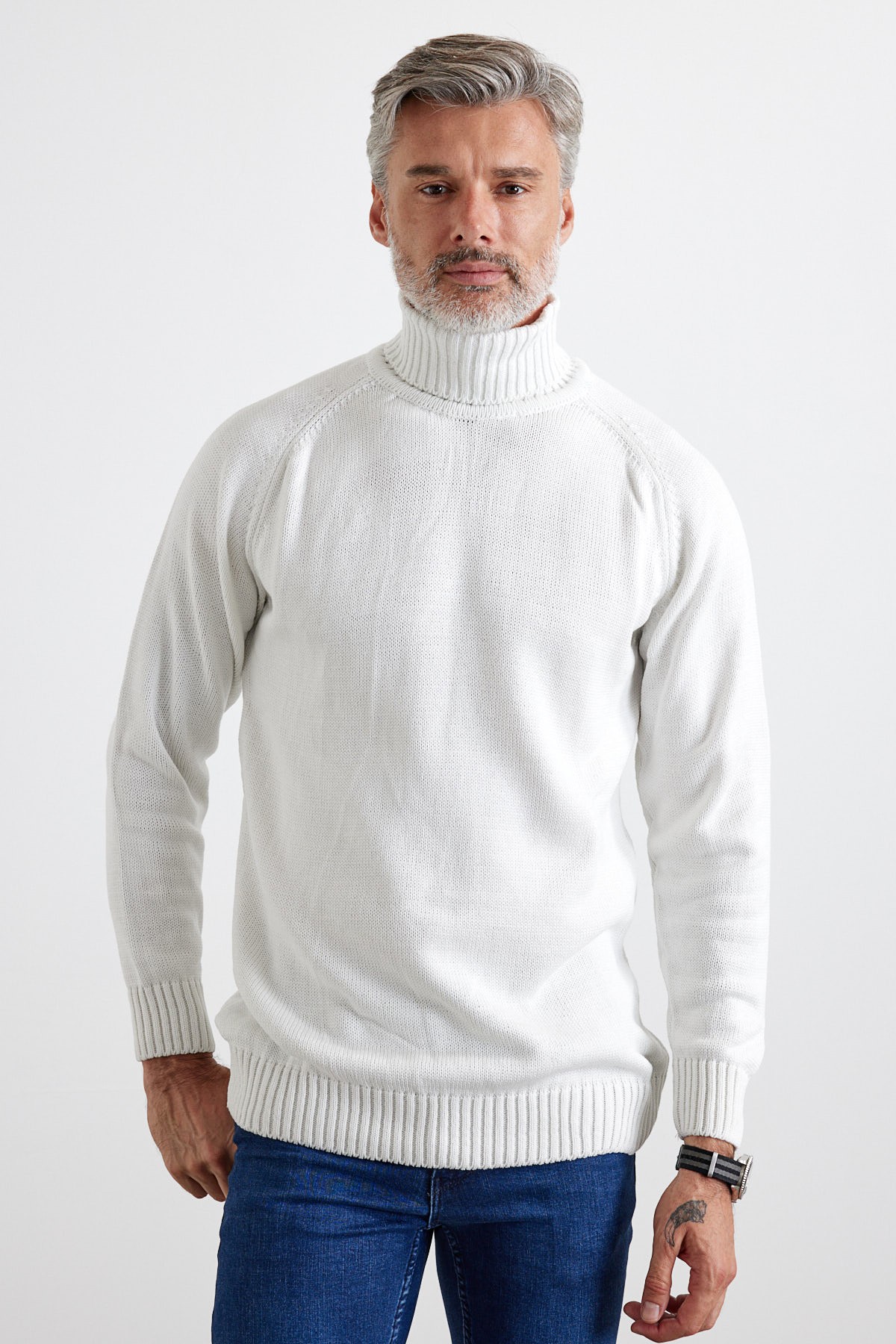 Men's Full Fisherman Thick Italian Sleeve Sweater - White