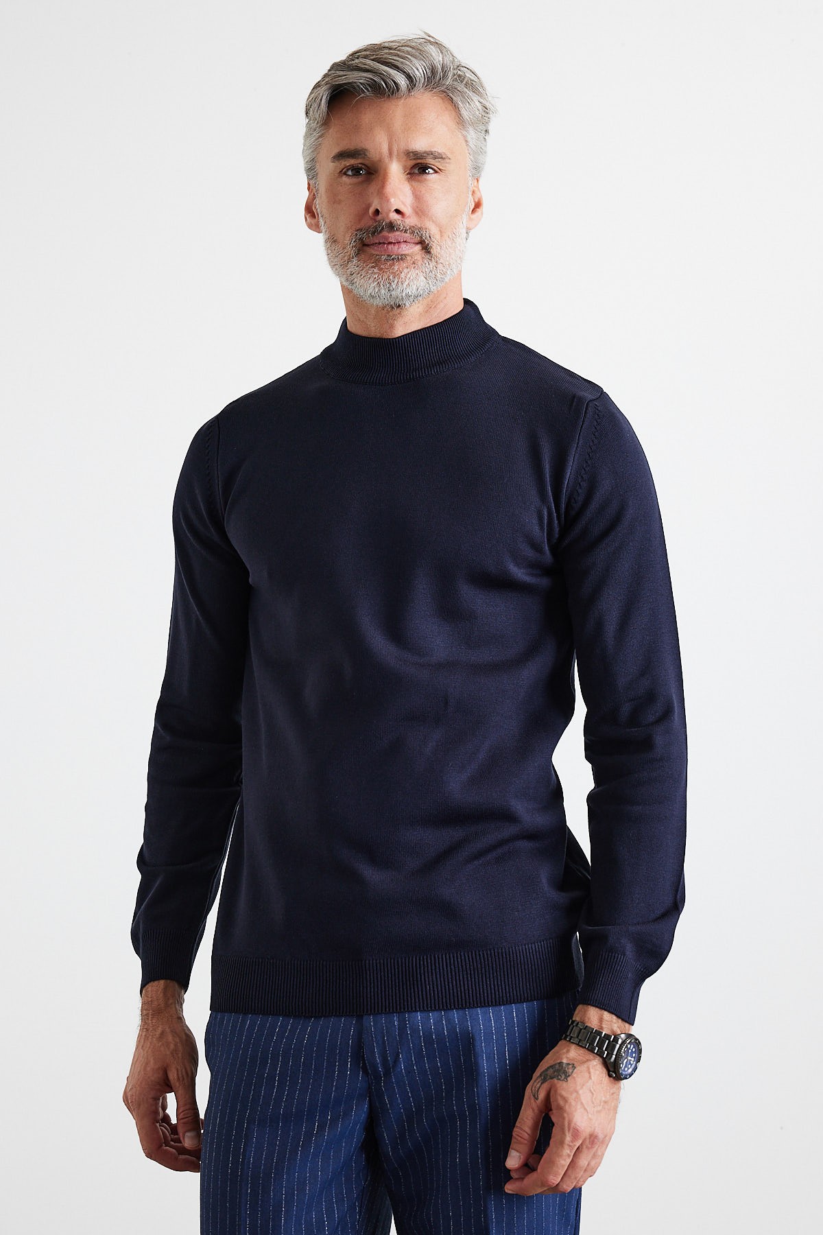 Men's Slim Fit Narrow Cut Half Fisherman's Collar Turtleneck Sweater - Navy blue