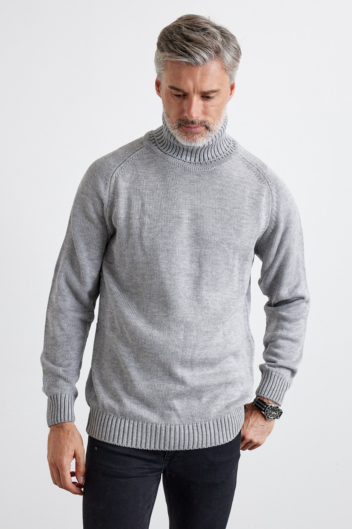 Men's Full Fisherman Thick Italian Sleeve Sweater - Light Grey