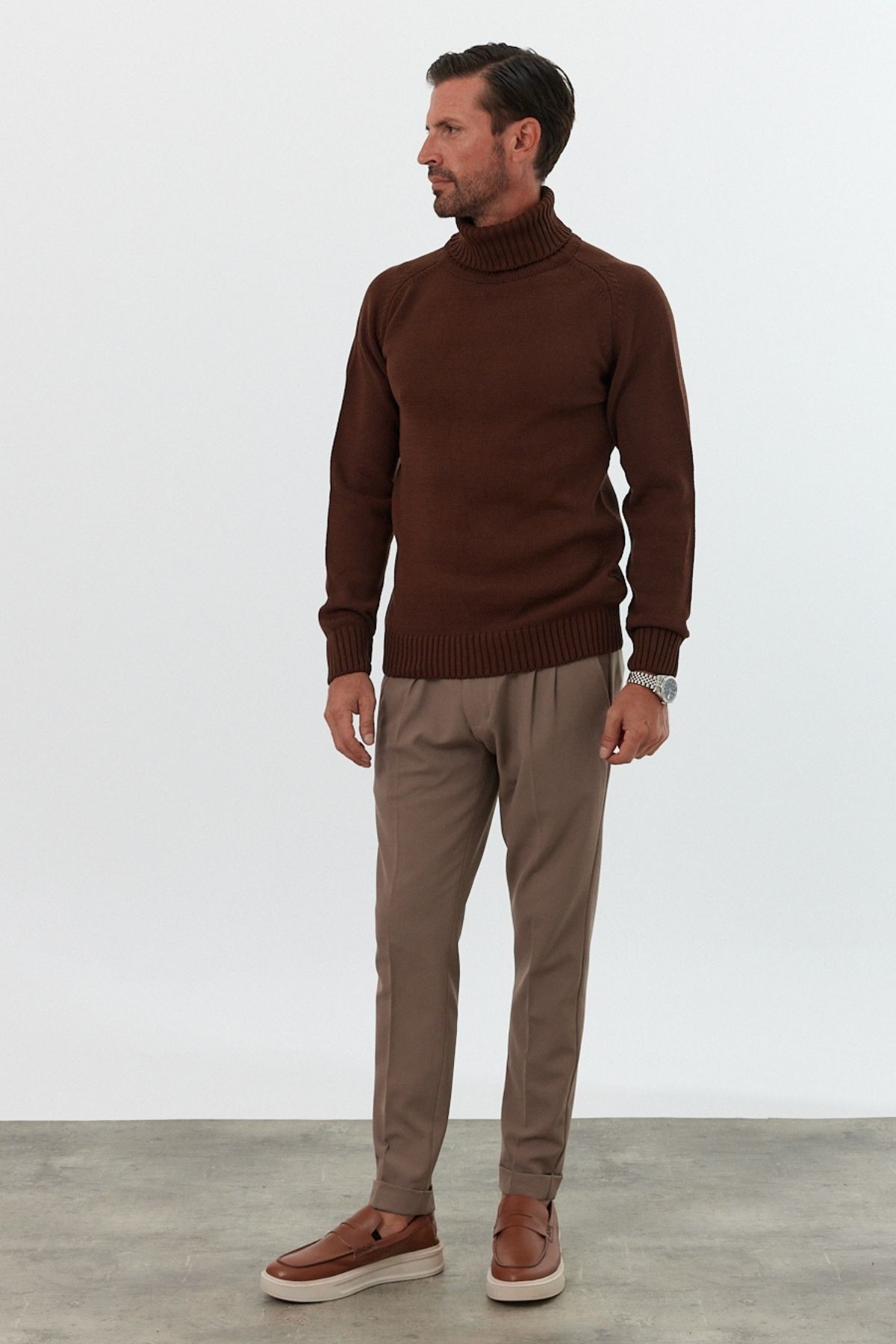 Men's Full Fisherman Thick Italian Sleeve Sweater - Brown