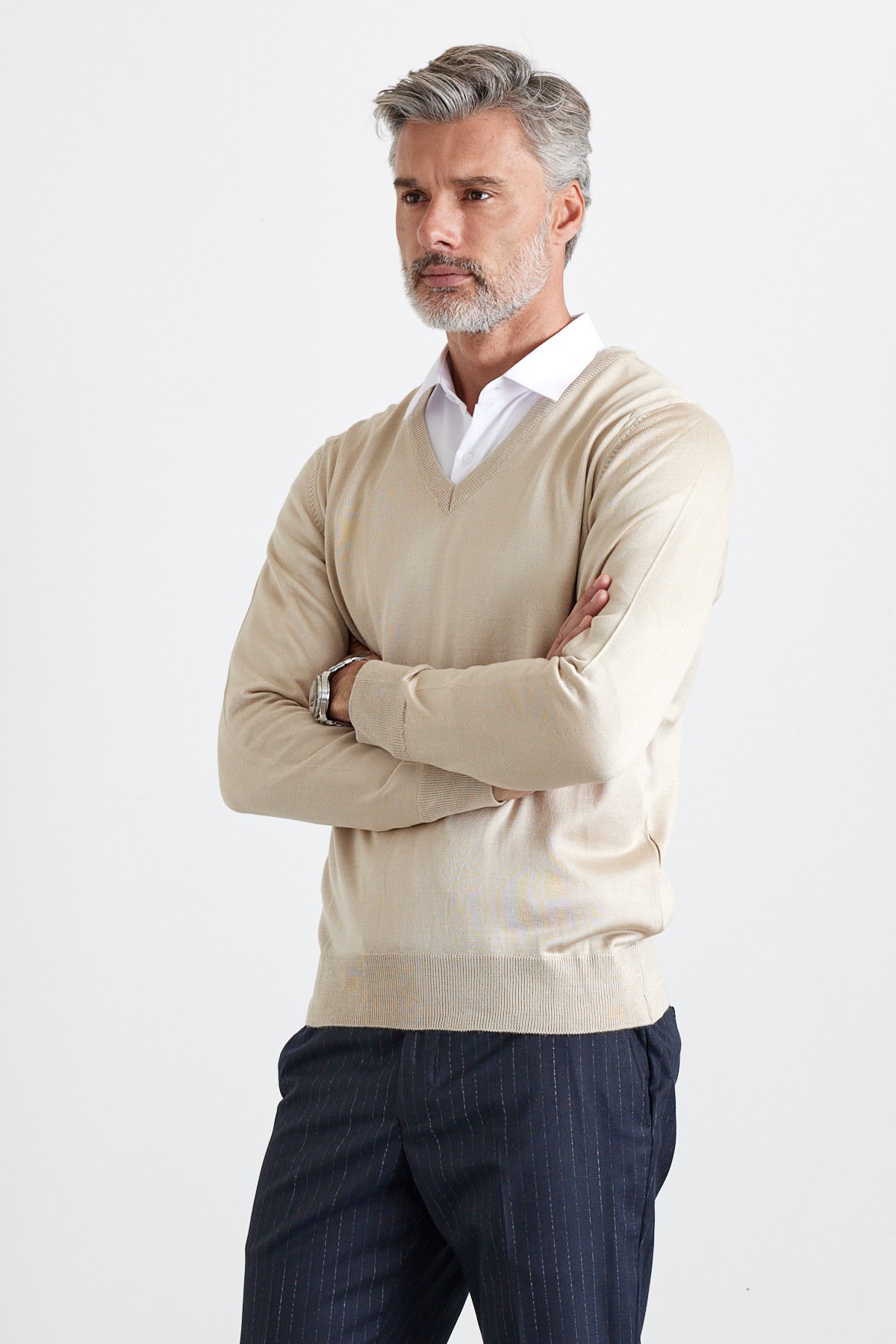  Men's Standard Fit Regular Cut V-Neck Sweater - Stone