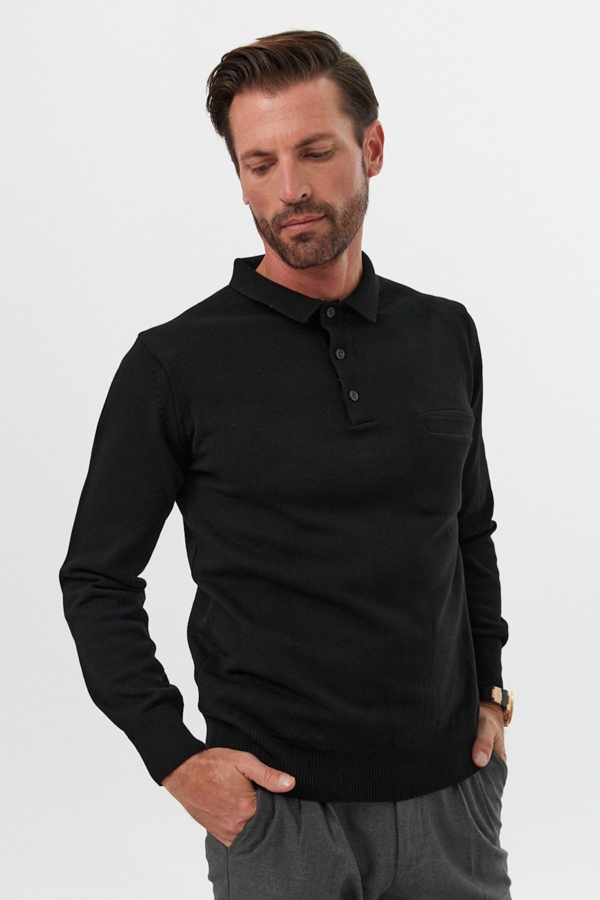 Men's Standard Fit Polo Neck Pocketed Knit Sweater - Black